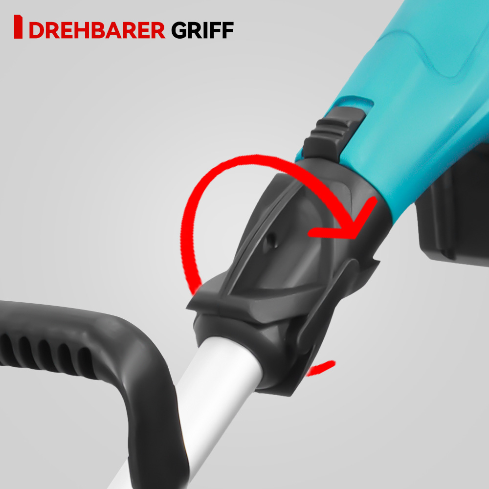 Drehbarer Griff mit rotem Pfeil, der eine Drehung anzeigt.