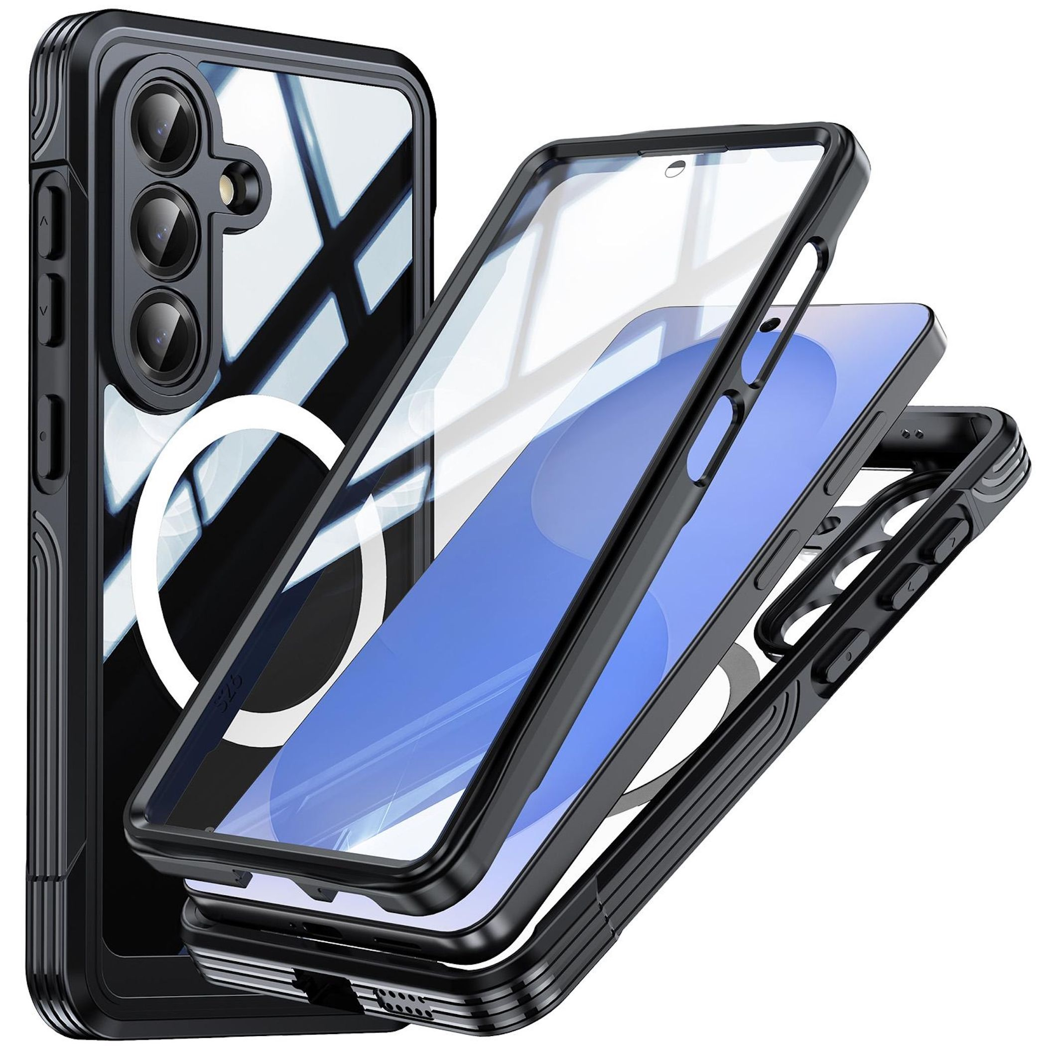 Funda negra para smartphone con parte trasera transparente y triple cámara.