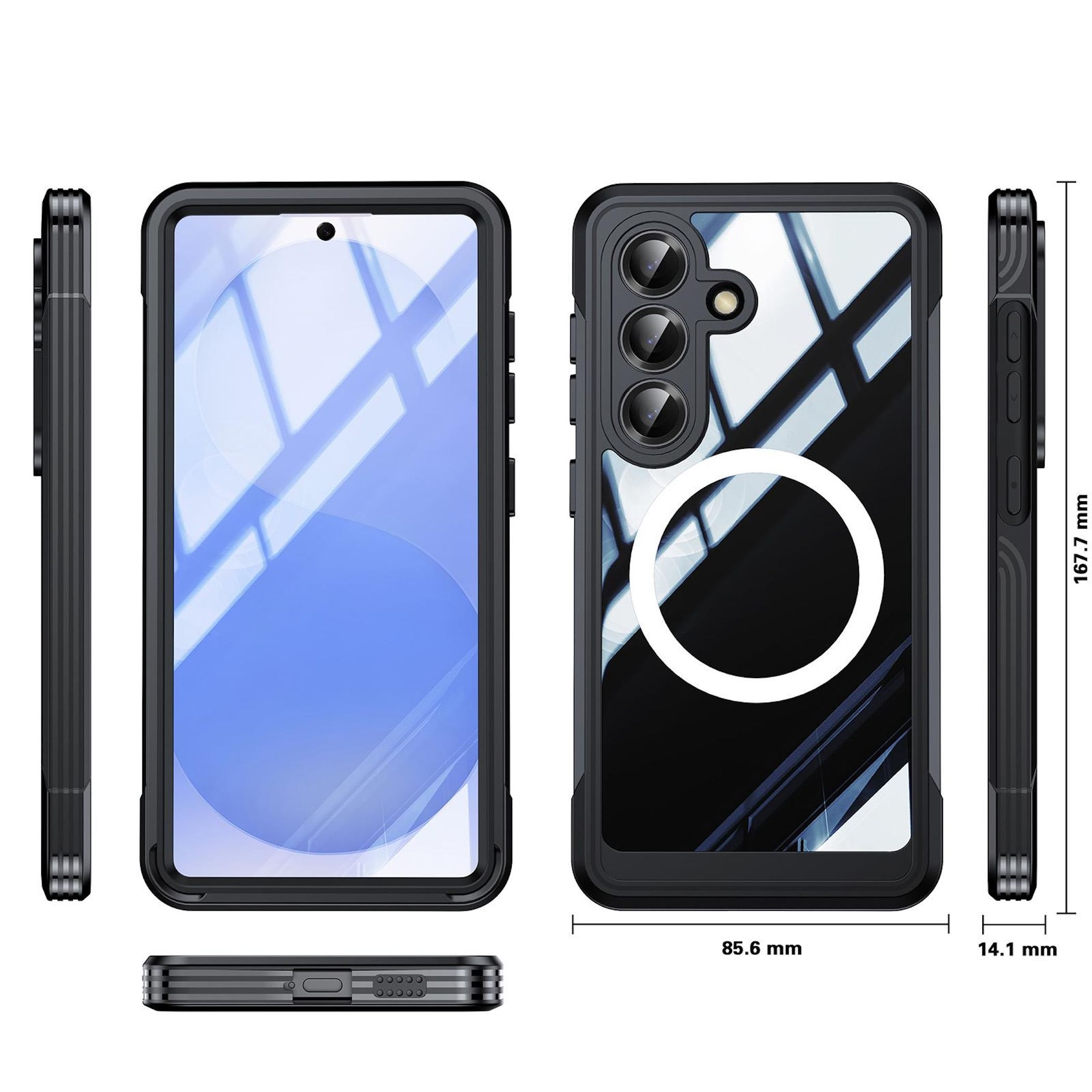 Funda negra para teléfono con dimensiones. Se muestran vistas frontal, trasera y lateral.