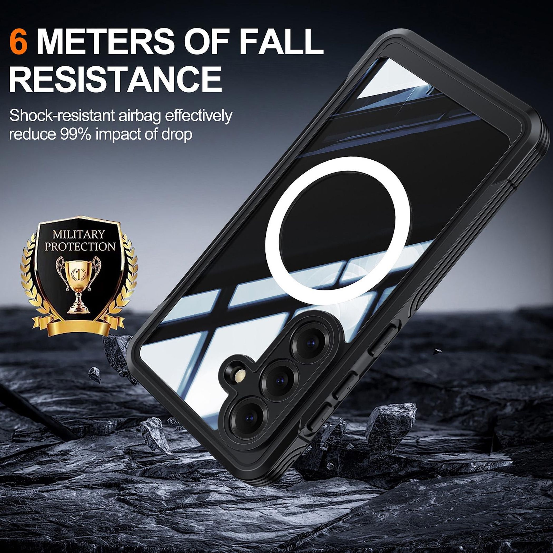 Funda negra para teléfono con sello militar cayendo sobre rocas.