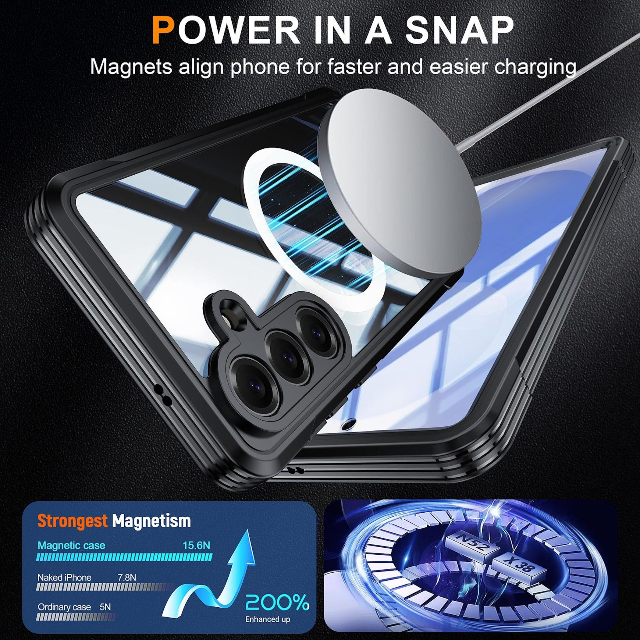 Funda negra para teléfono con carga magnética, gráfico de fuerte magnetismo.