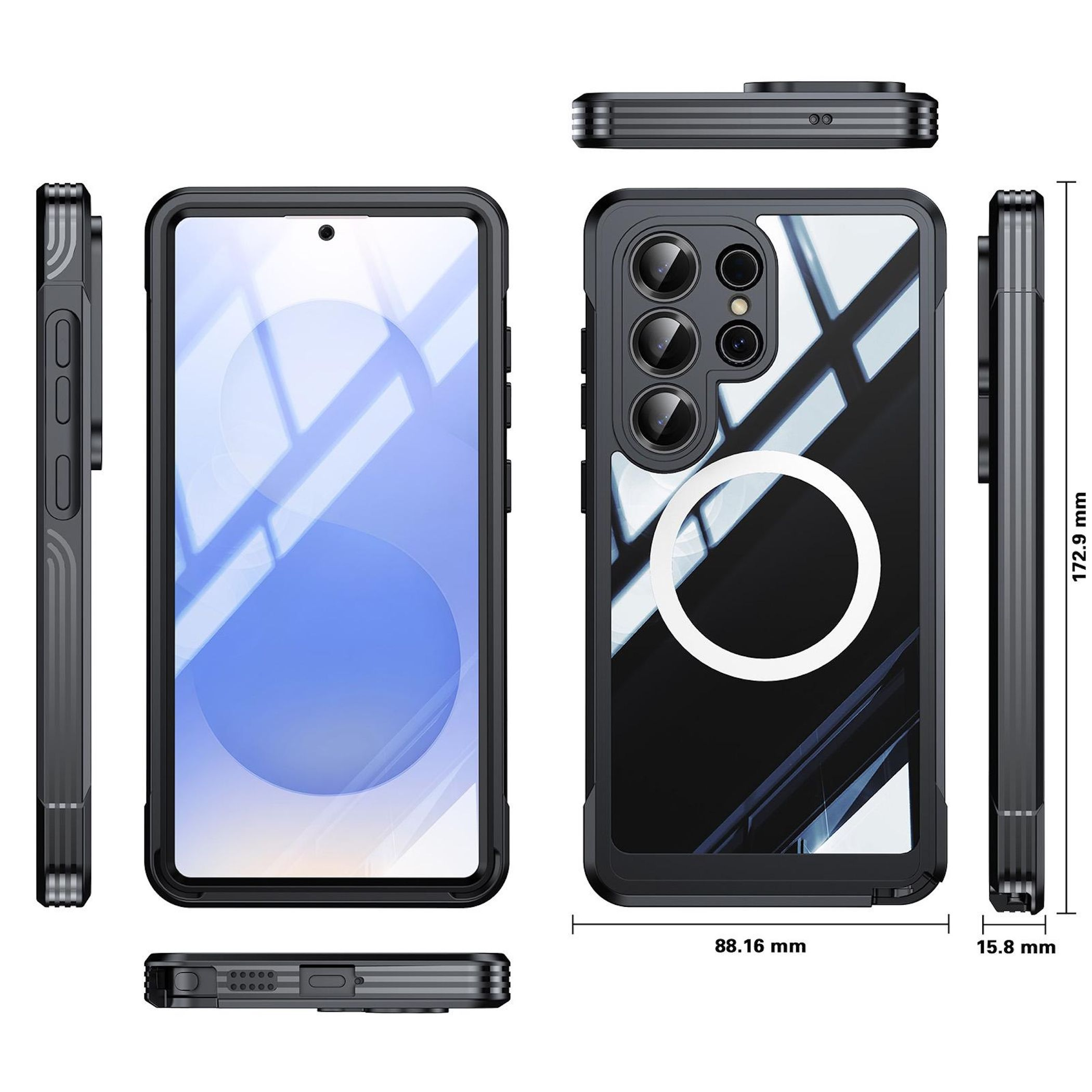 Ein schwarzes Handy-Schutzgehäuse mit Kameraausschnitt und Magnetring.