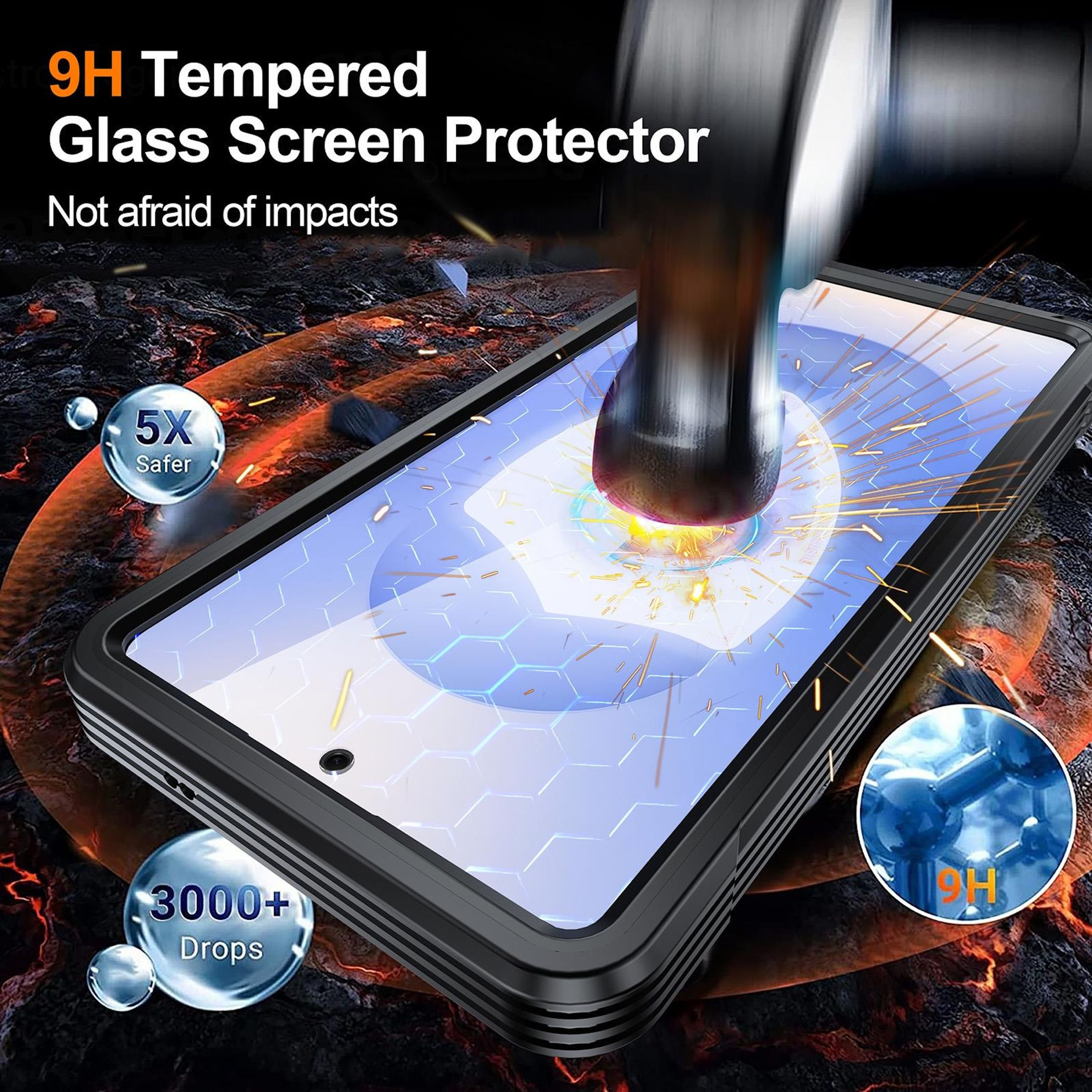 Ein Handy-Displayschutz wird von einem Hammer getroffen. "5X Safer" und "3000+ Drops".