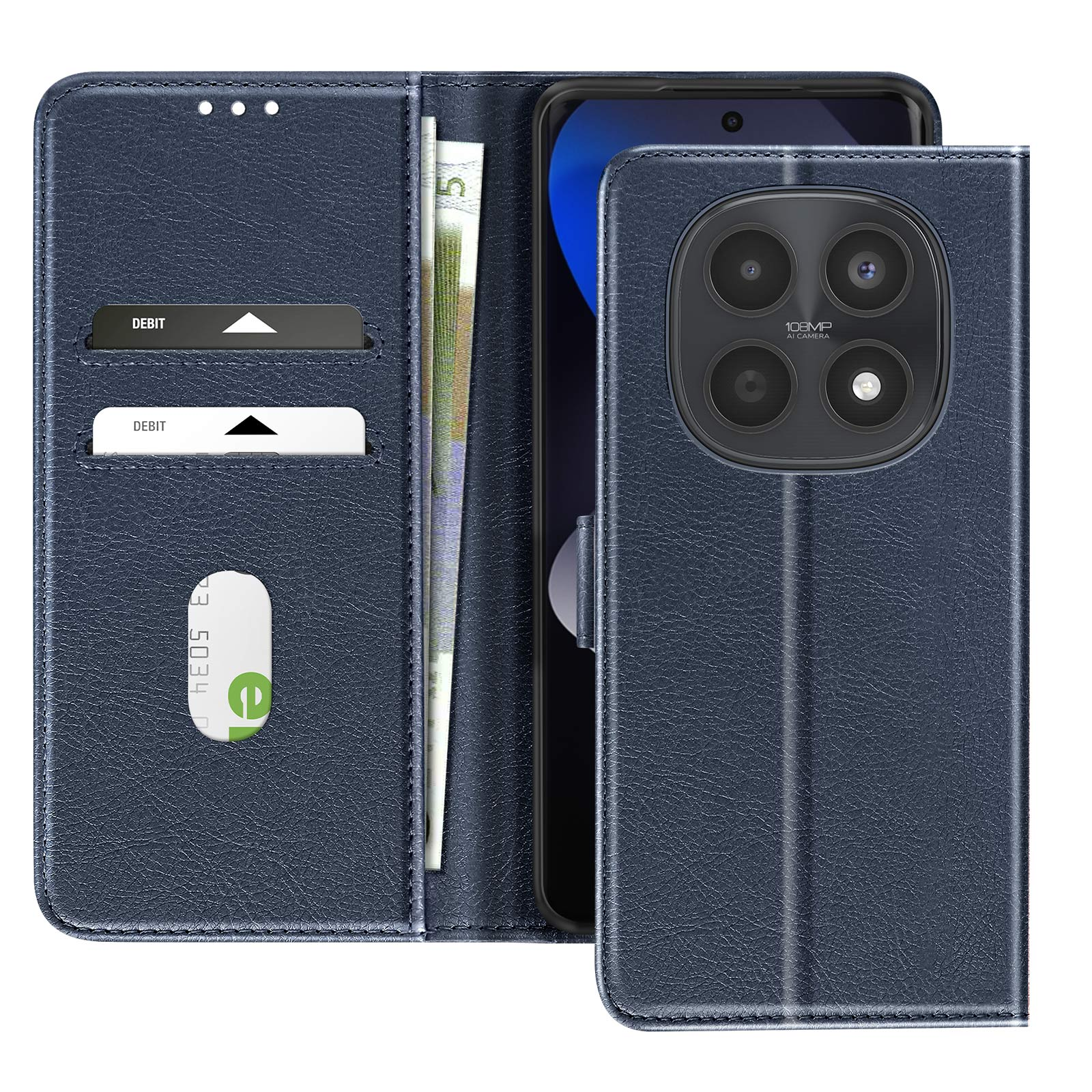 Custodia blu scuro per telefono con slot per carte, contanti e obiettivo fotocamera.