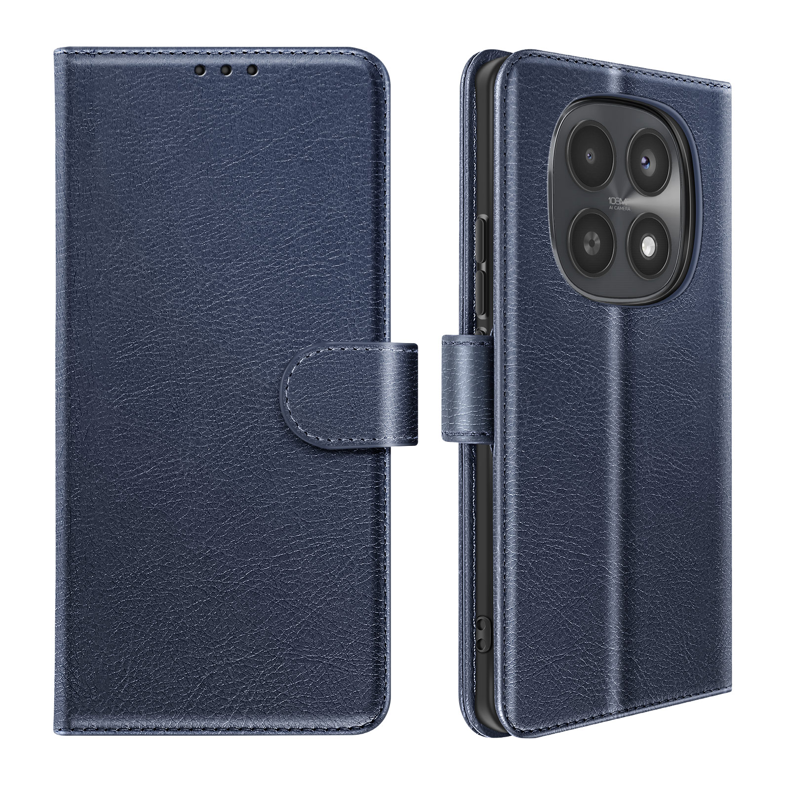 Custodia blu scuro per telefono, vista aperta, mostra il retro con fotocamera.