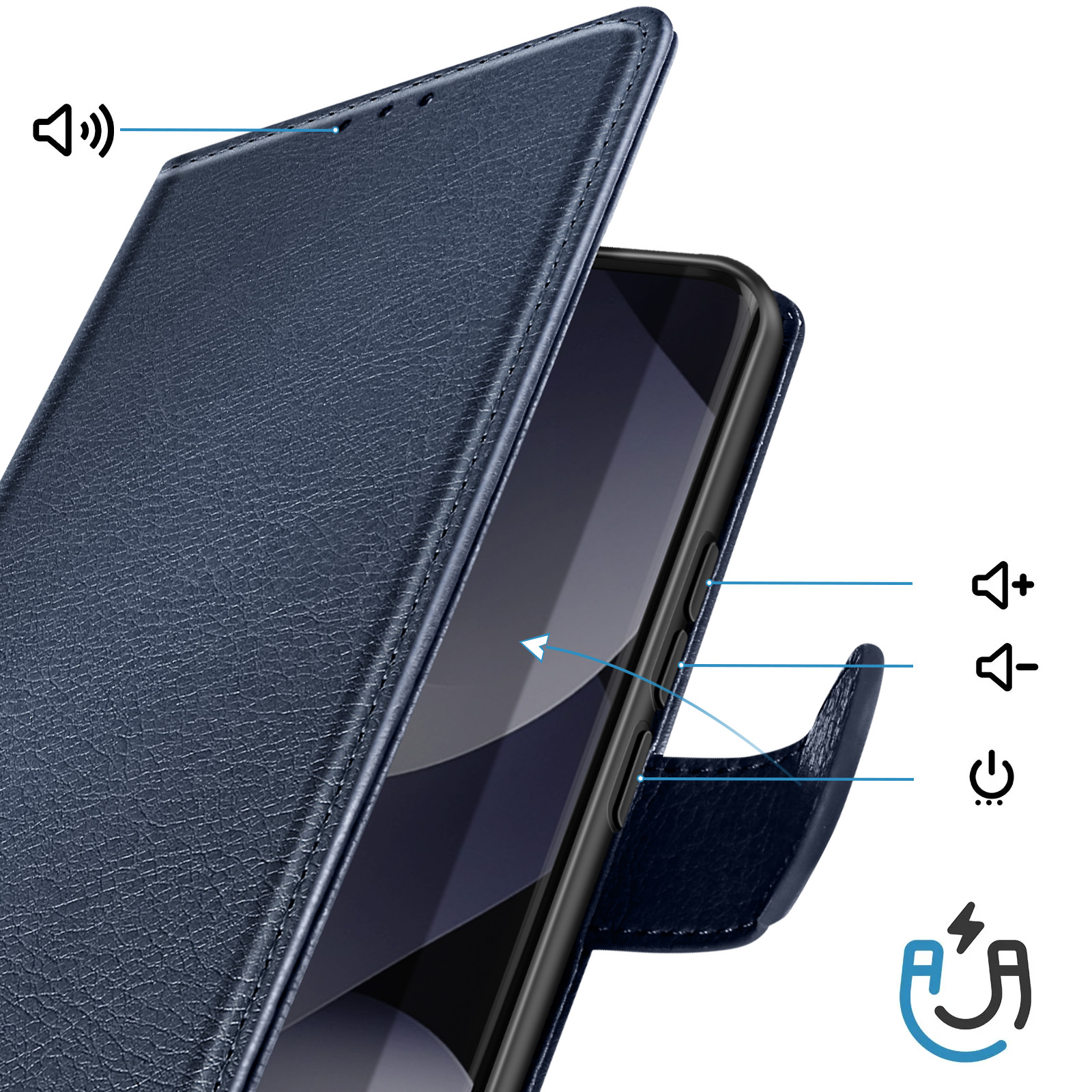 Custodia a libro blu scuro per telefono con icone volume, muto, accensione e chiusura magnetica.