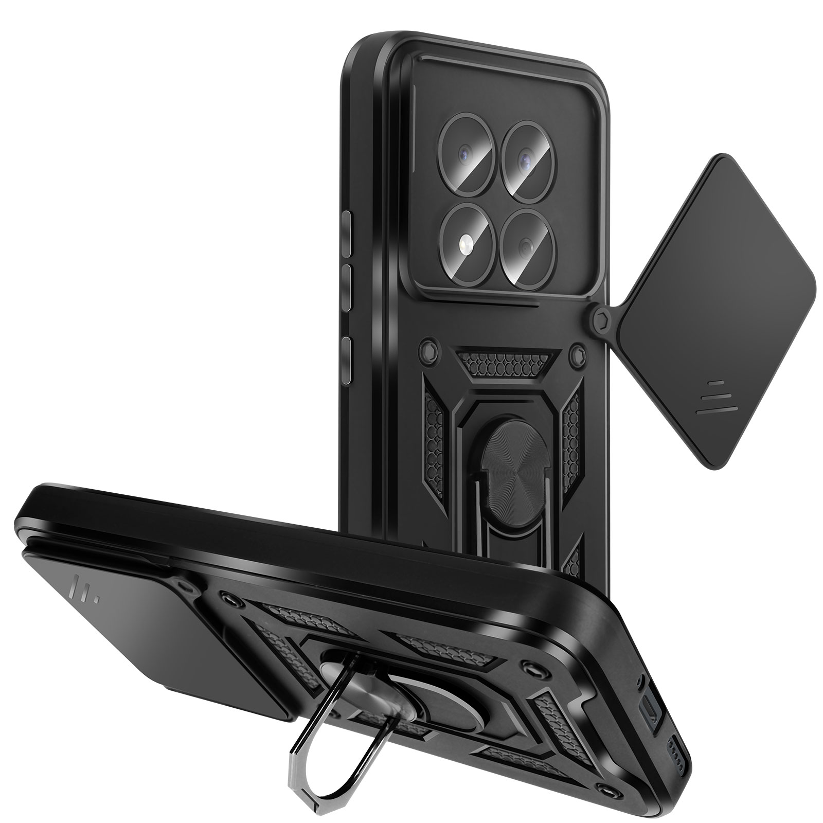 Coque noire pour téléphone avec quatre caméras et support anneau.