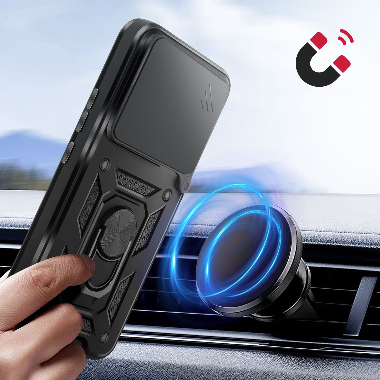 Coque de téléphone noire avec support bague sur aérateur, icône aimant.