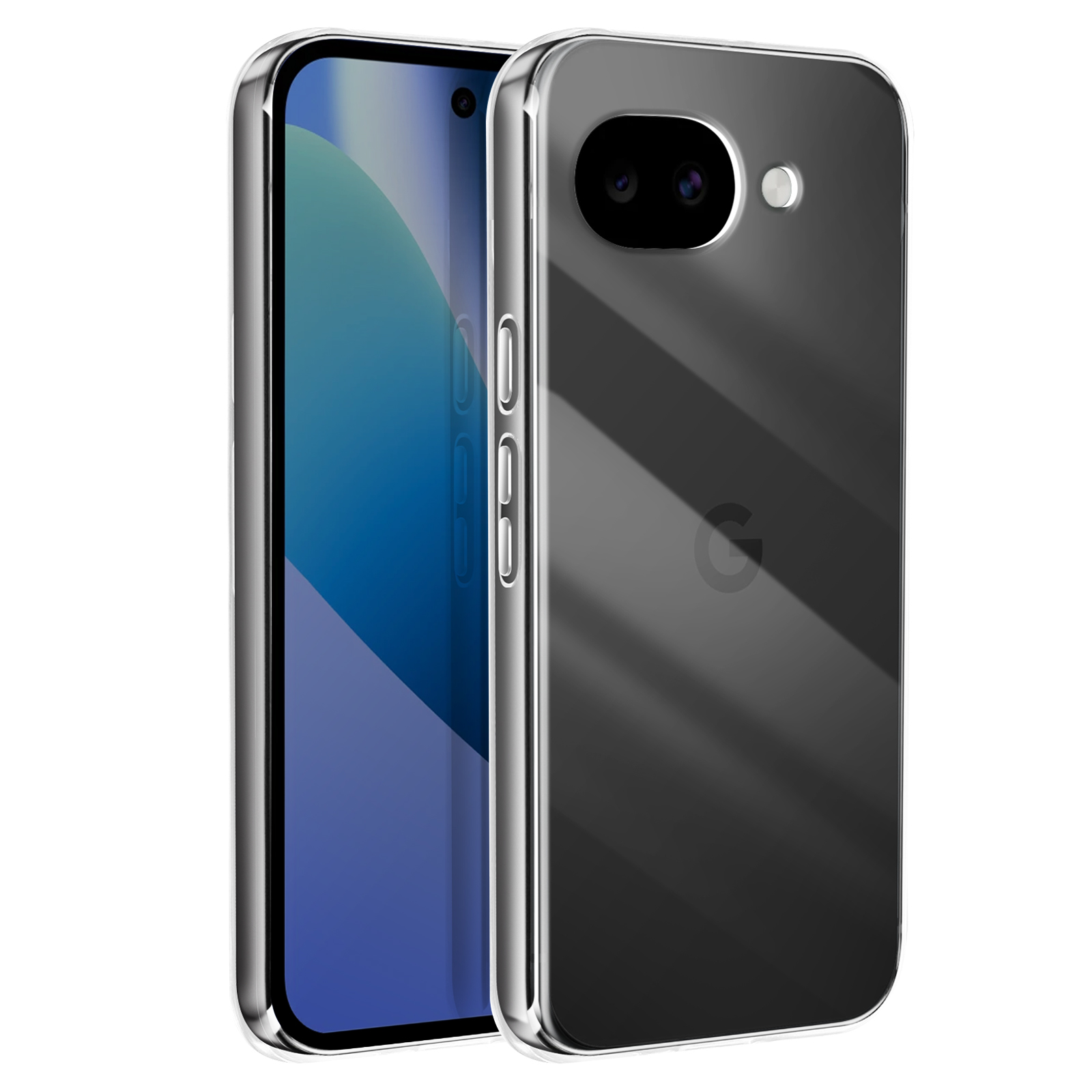Deux coques de téléphone transparentes côte à côte, une avec dos noir.