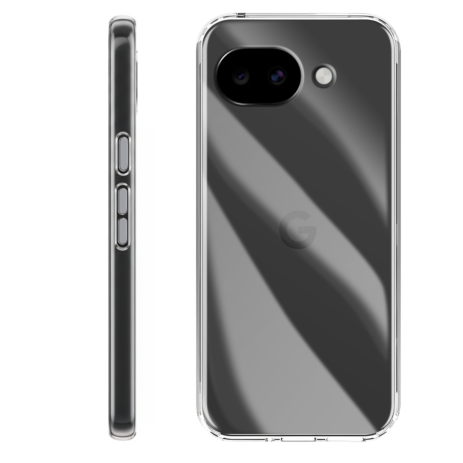 Une coque de téléphone transparente montrant deux caméras et un flash à l'arrière.