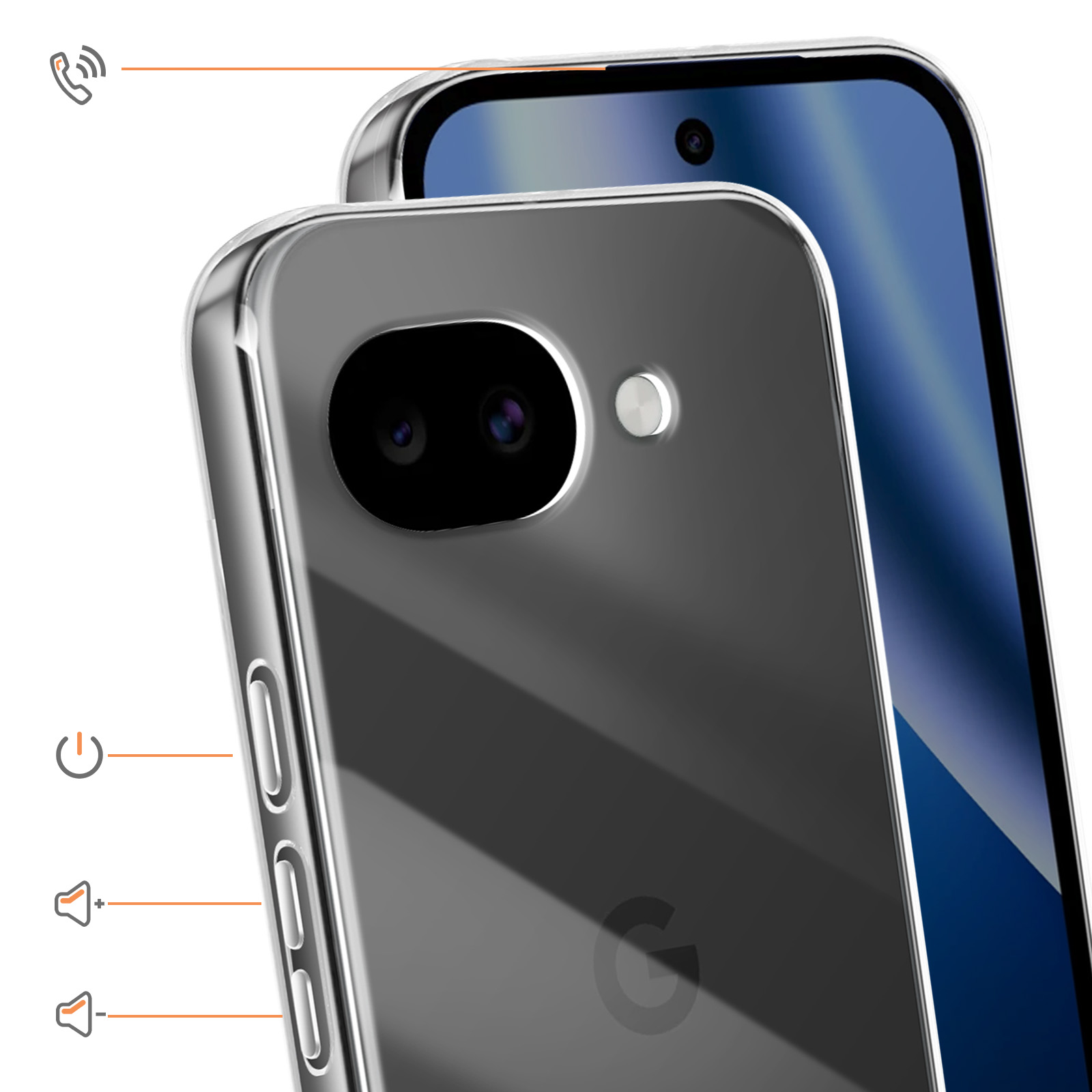 Coque de téléphone transparente montrant caméra, boutons et icônes appel, volume.