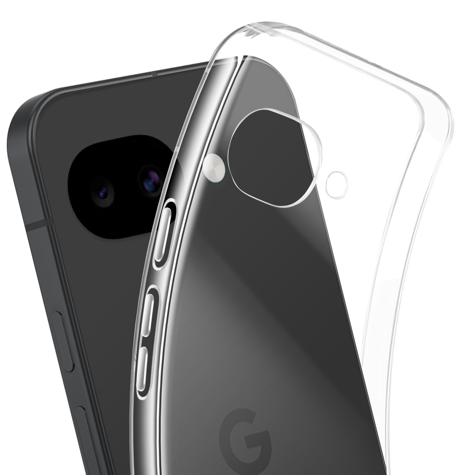 Coque de téléphone transparente sur un smartphone sombre à deux caméras.