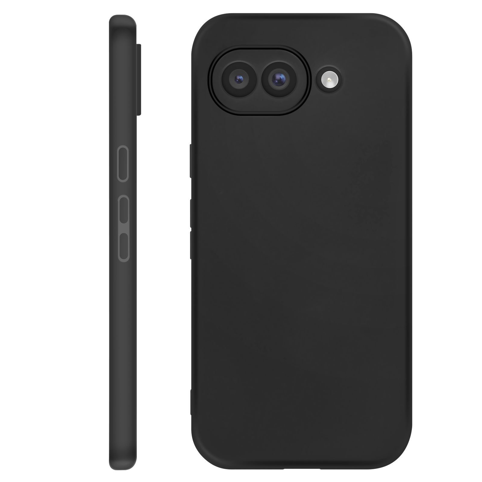 Zwarte telefoonhoes met twee cameralensjes en flitser achterop.