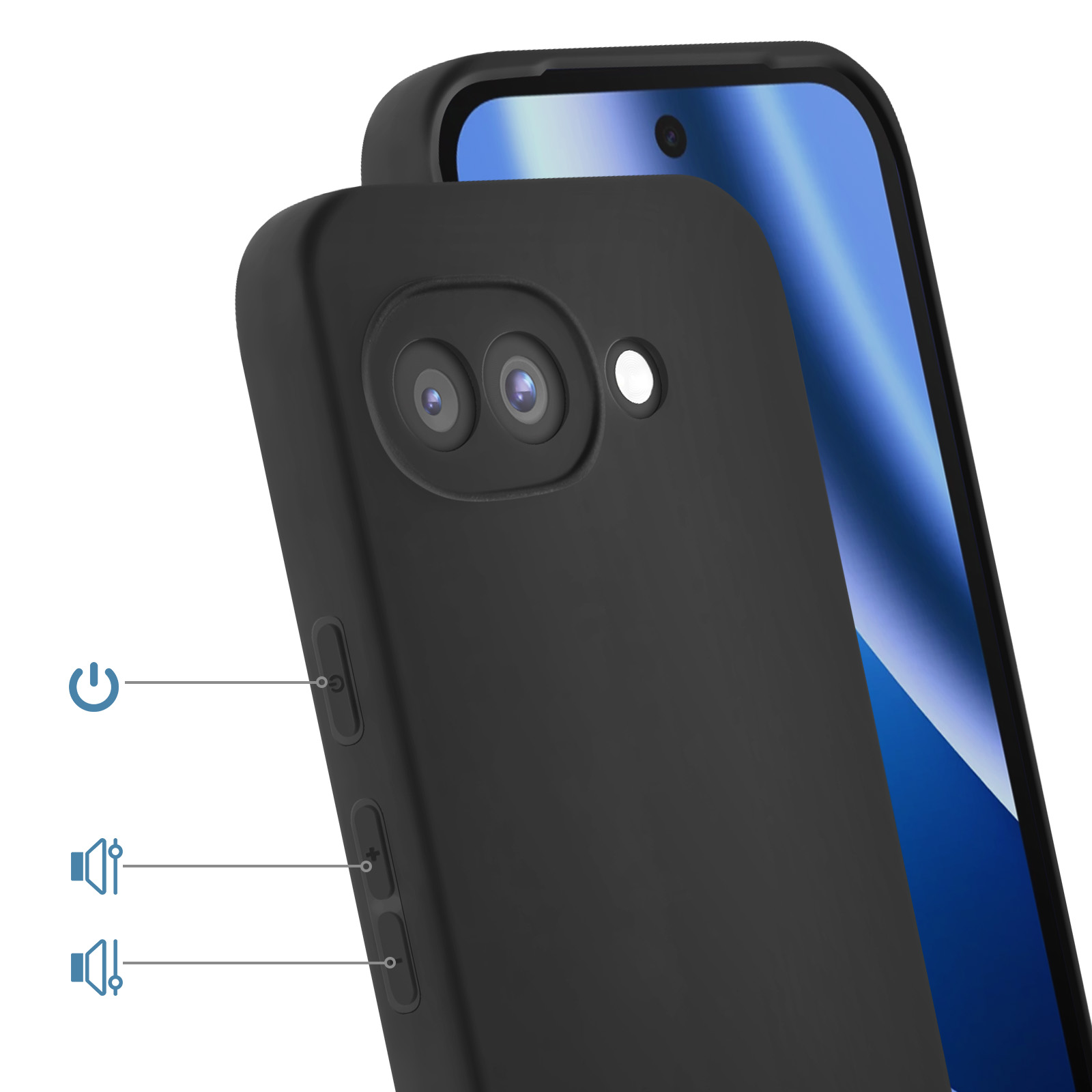 Zwarte telefoonhoes met twee camera's en zijknopjes.