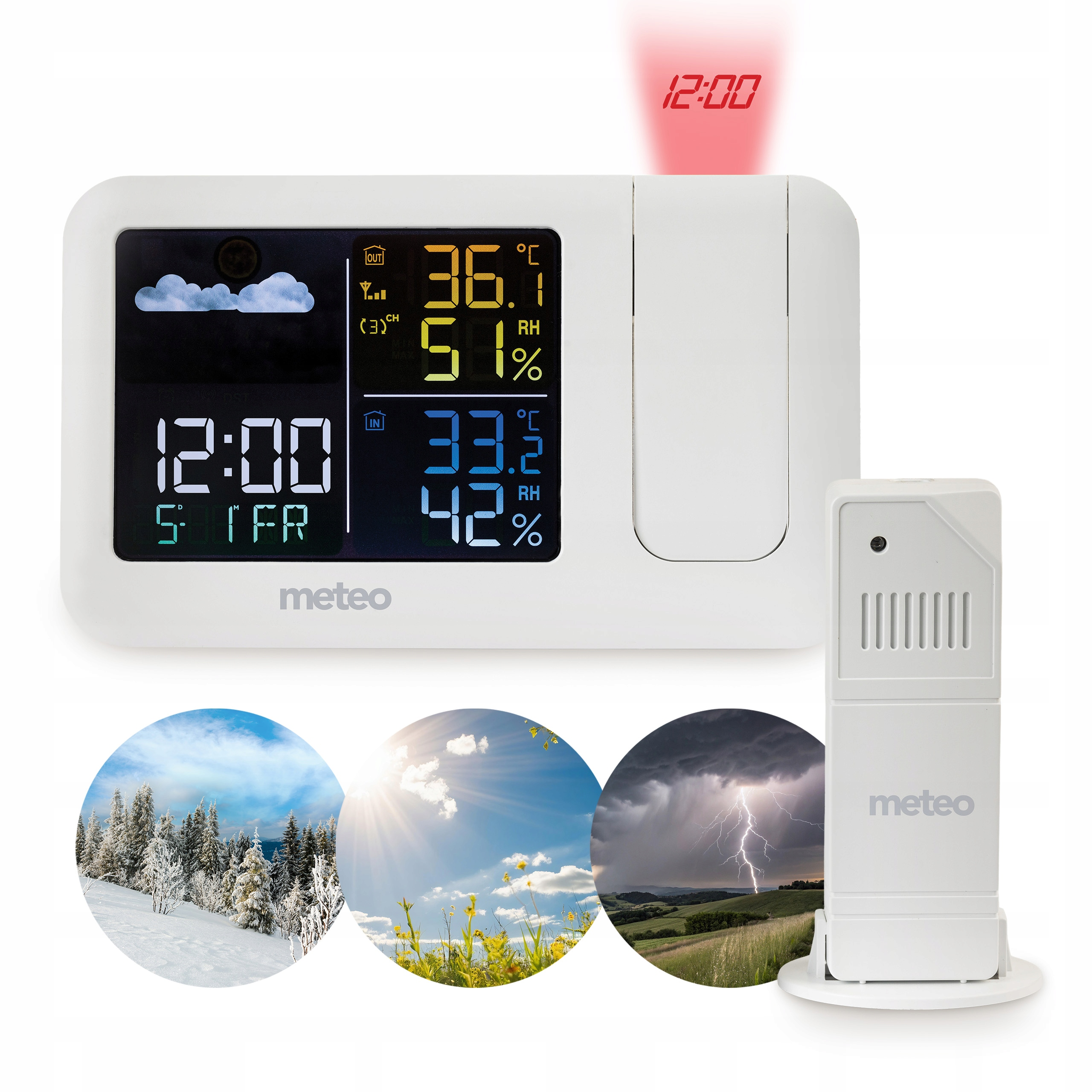 Stacja pogodowa z czujnikiem zewnętrznym, wyświetla czas, temperaturę zewnętrzną, wilgotność, temperaturę wewnętrzną.