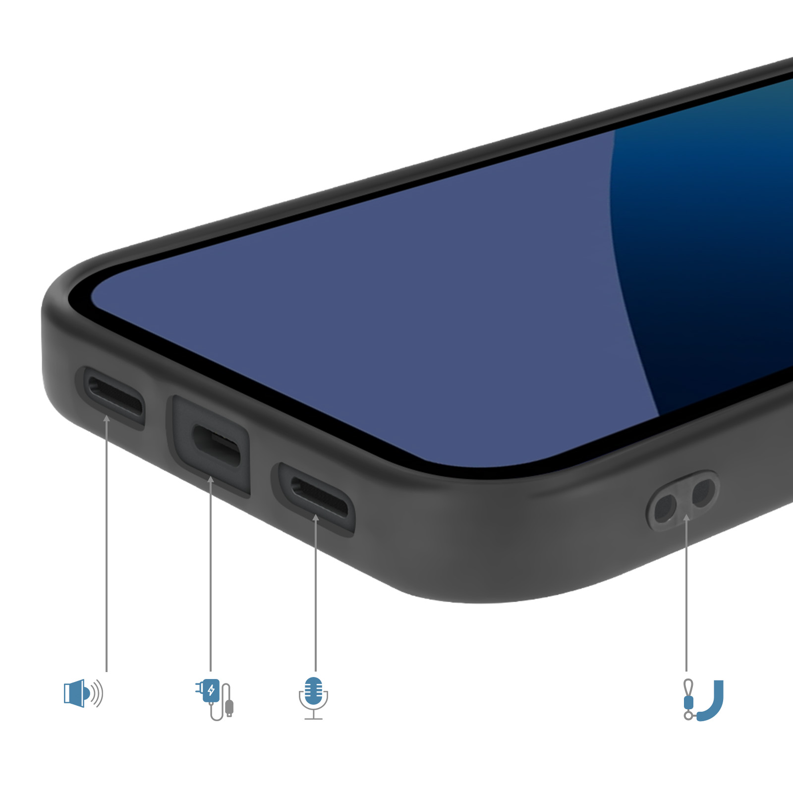 Close-up van een zwarte iPhone case met poorten en iconen voor geluid, opladen, microfoon en lanyard.