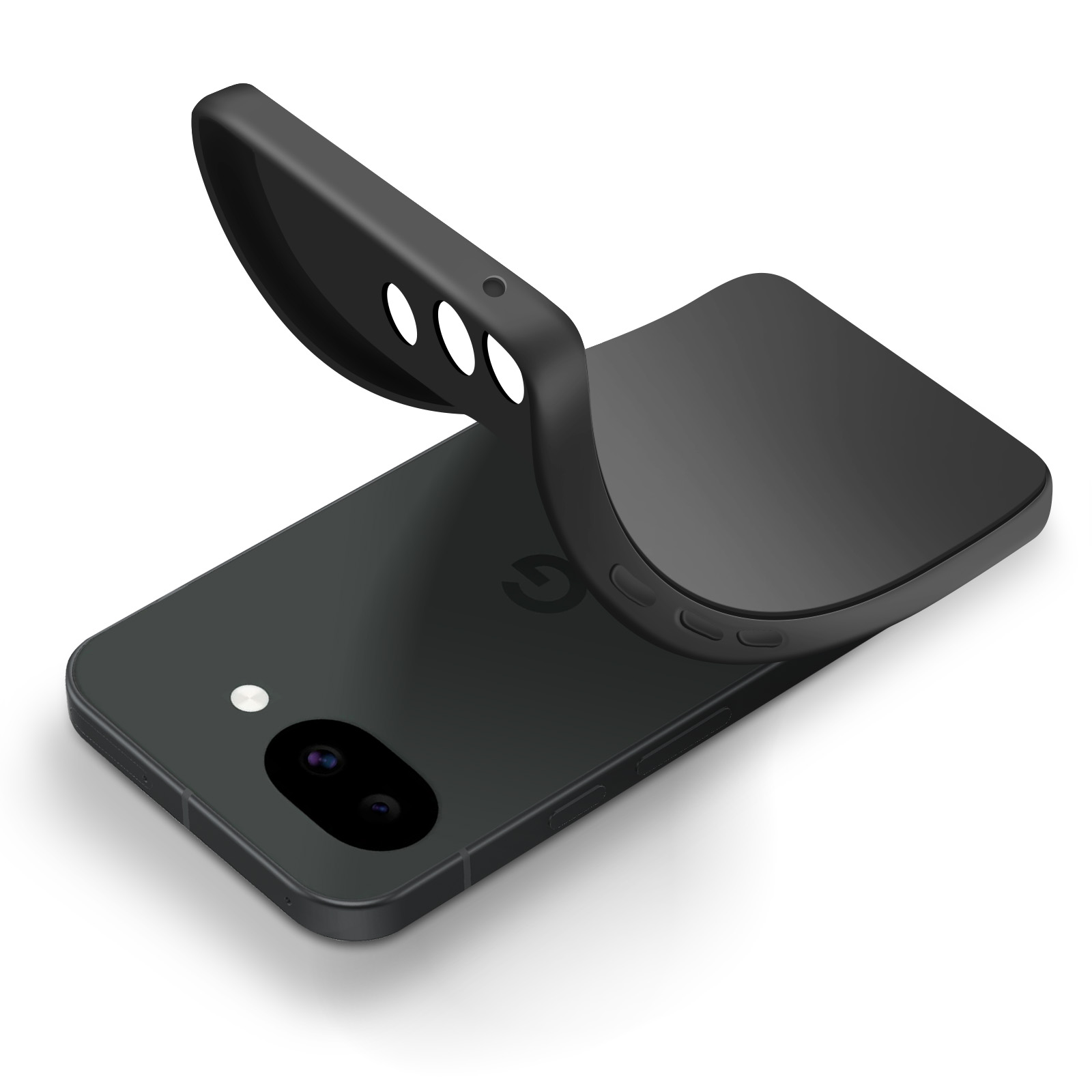 Een zwarte smartphone met een flexibele beschermhoes die over de achterkant buigt.
