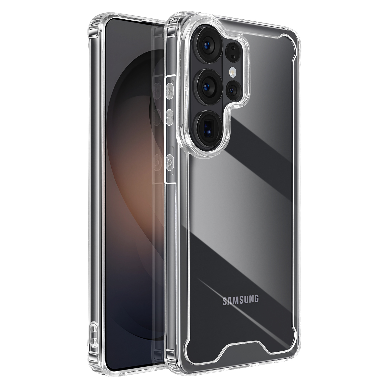 Een doorzichtige telefoonhoes met drie camera's en Samsung-logo.