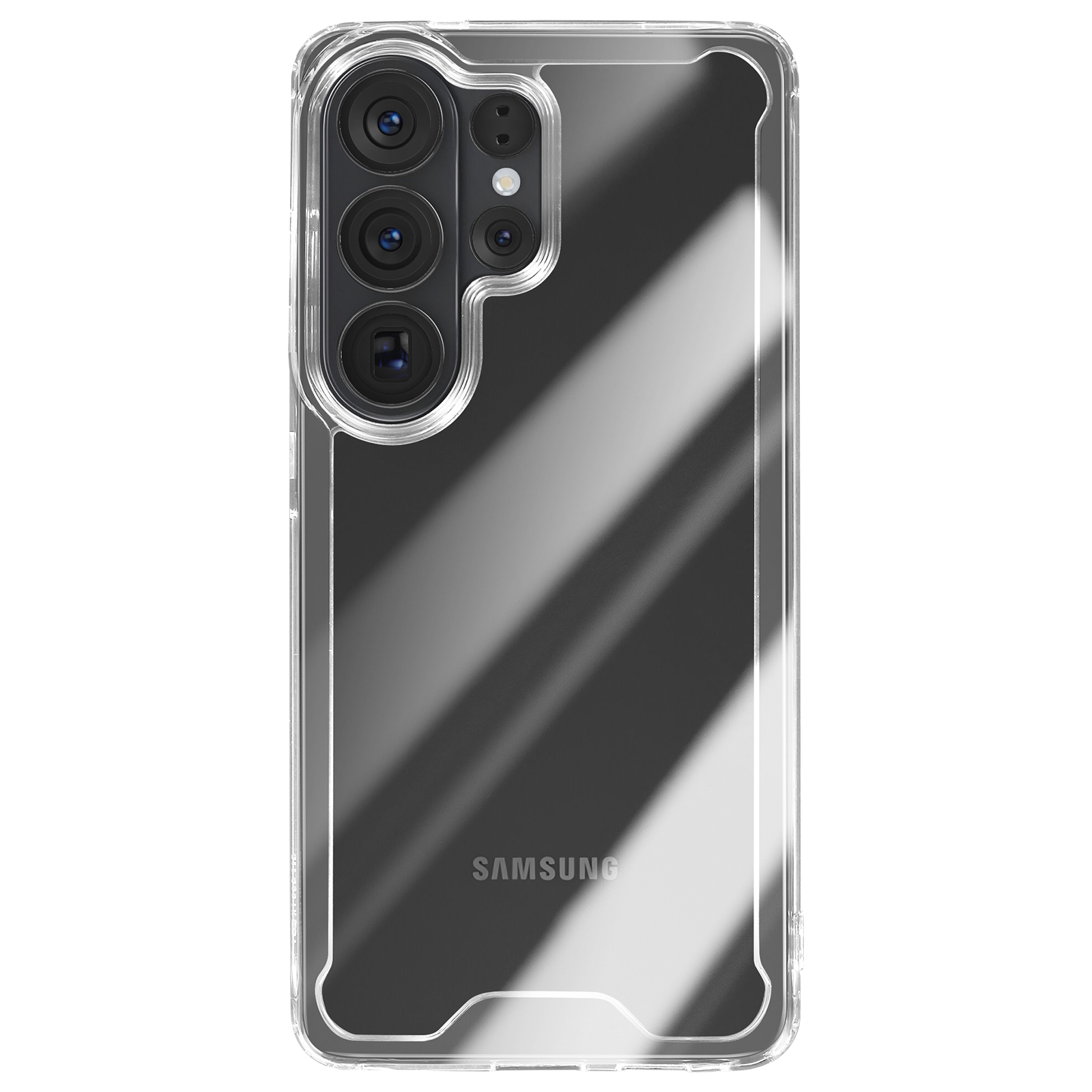 Transparante beschermhoes voor Samsung telefoon, met camera en logo.