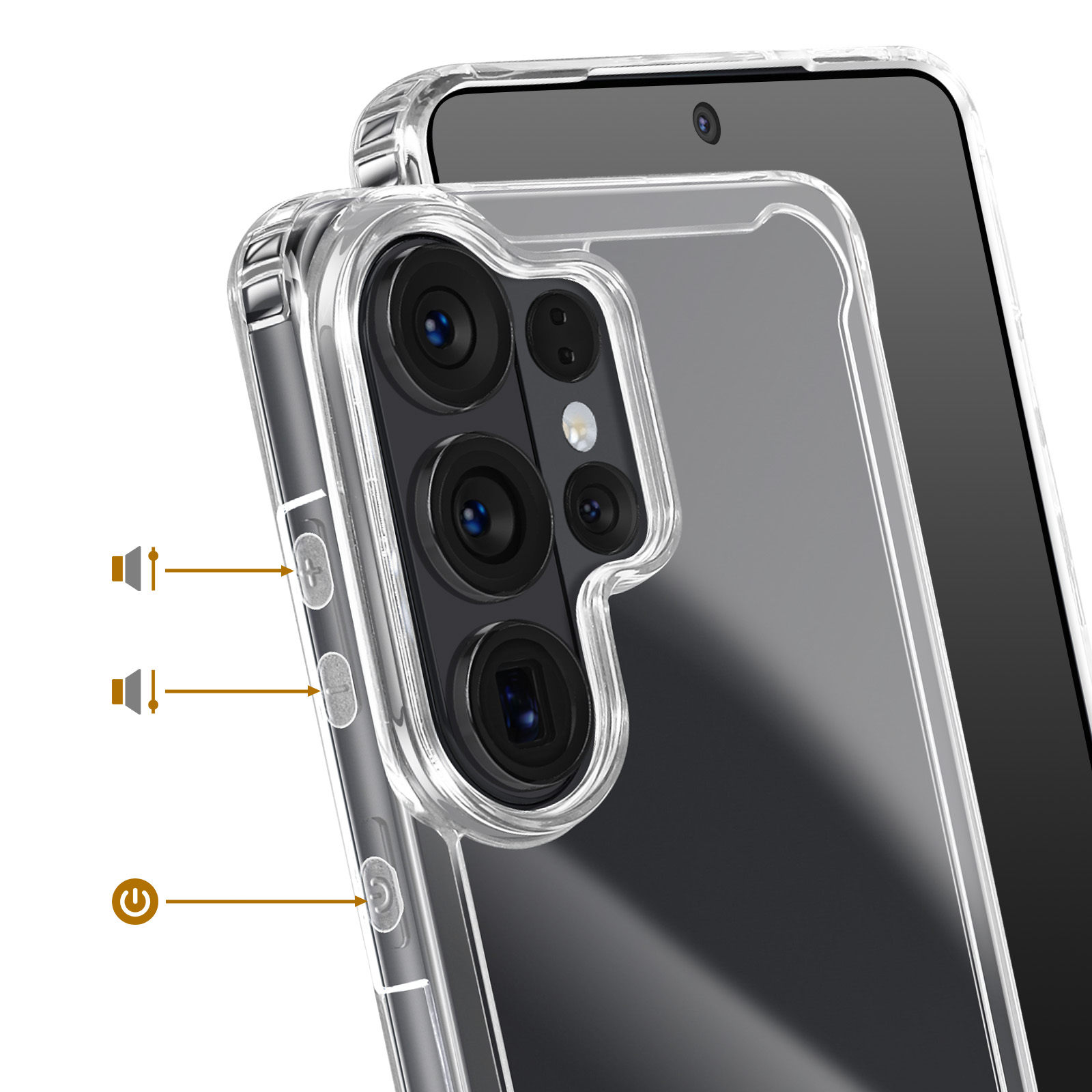 Doorzichtige telefoonhoes met cameralenzen en knoppen. Close-up.