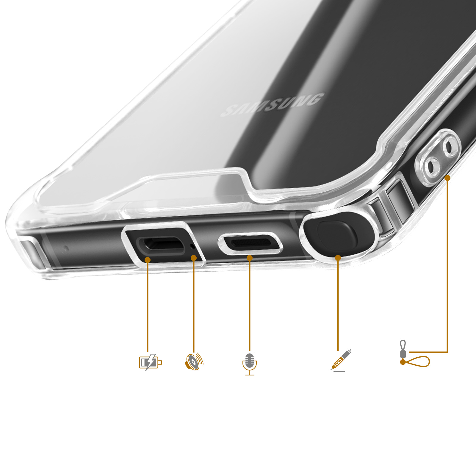 Close-up van een doorzichtige telefoonhoes met poorten en iconen.