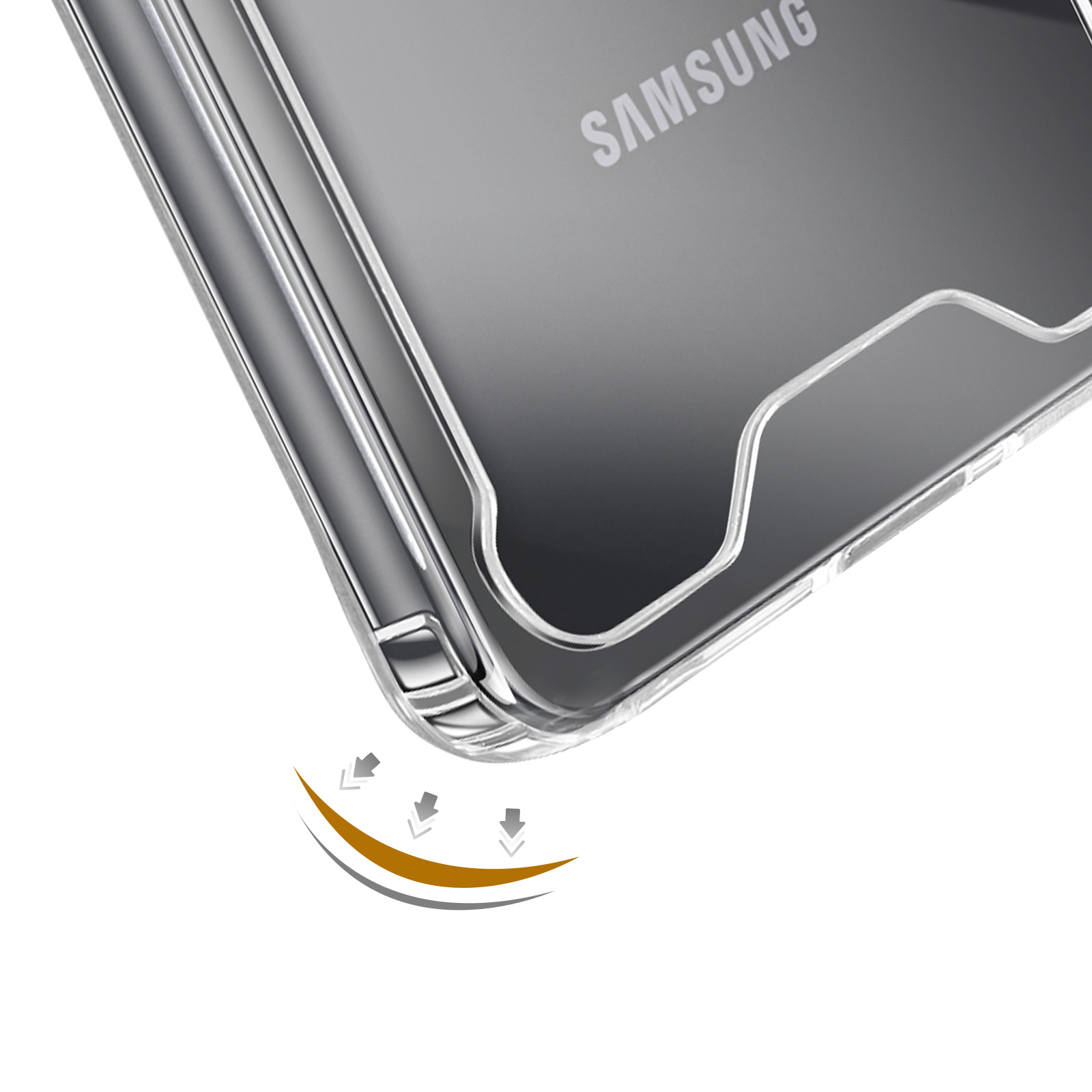Doorzichtige hoes met Samsung-logo en schokabsorberende grafiek.