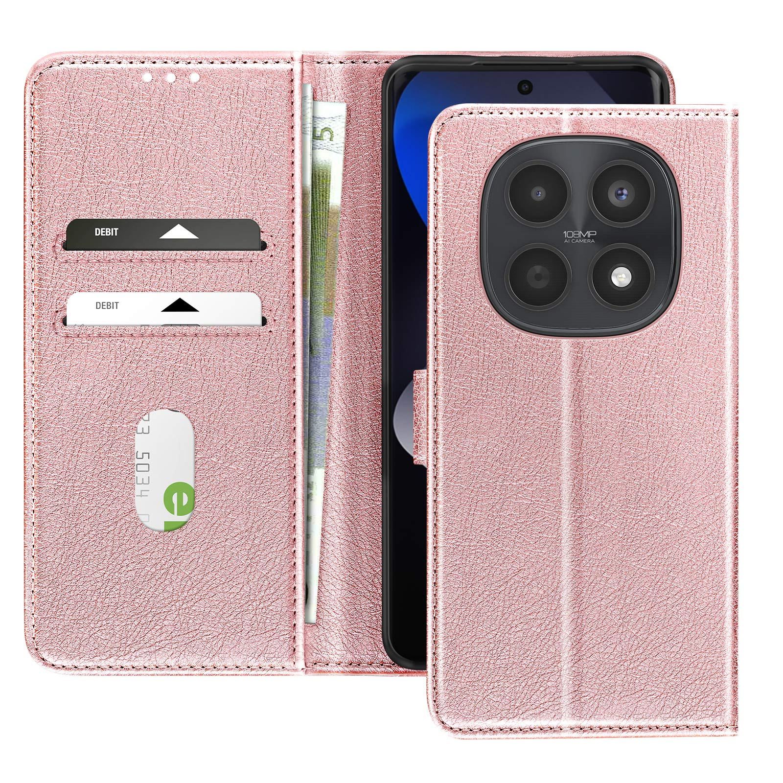 Una custodia per telefono rosa oro con slot per carte.