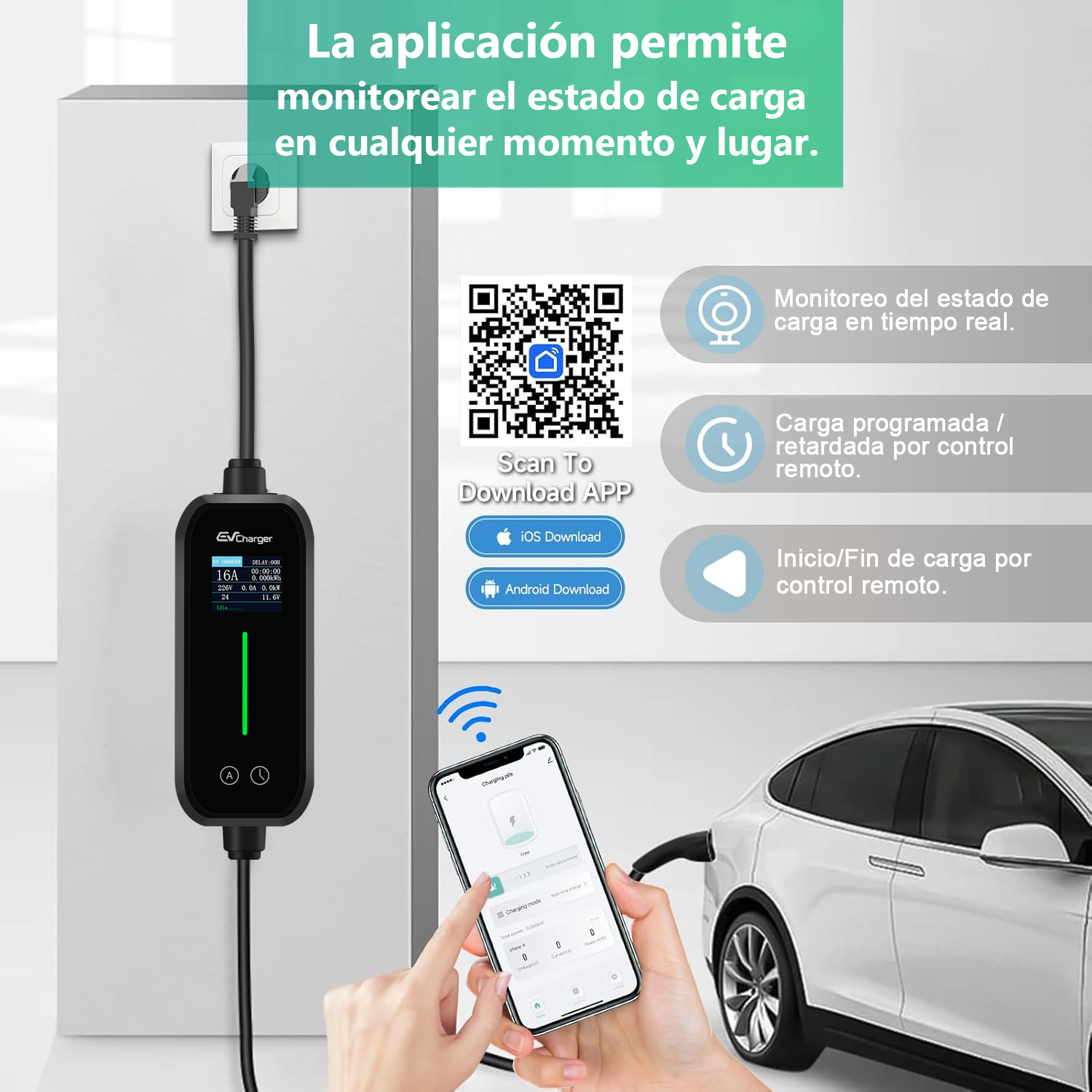 Cargador muestra estado. App controla carga por smartphone.
