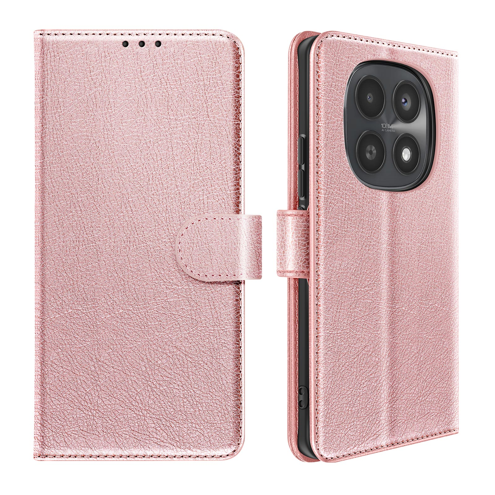 Una custodia a libro in pelle oro rosa con ritaglio per la fotocamera posteriore.