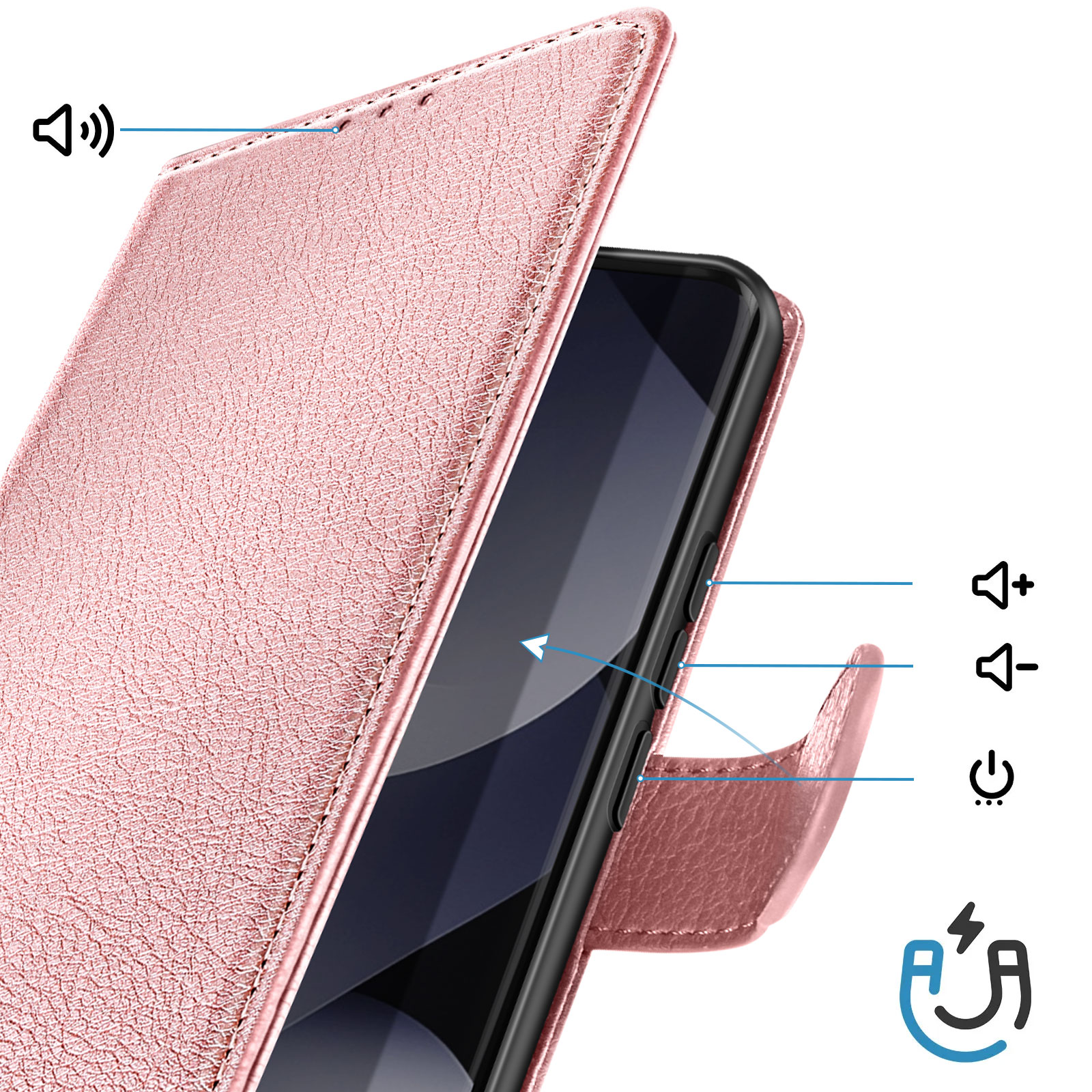 Una custodia a libro rosa con icone di volume e accensione.