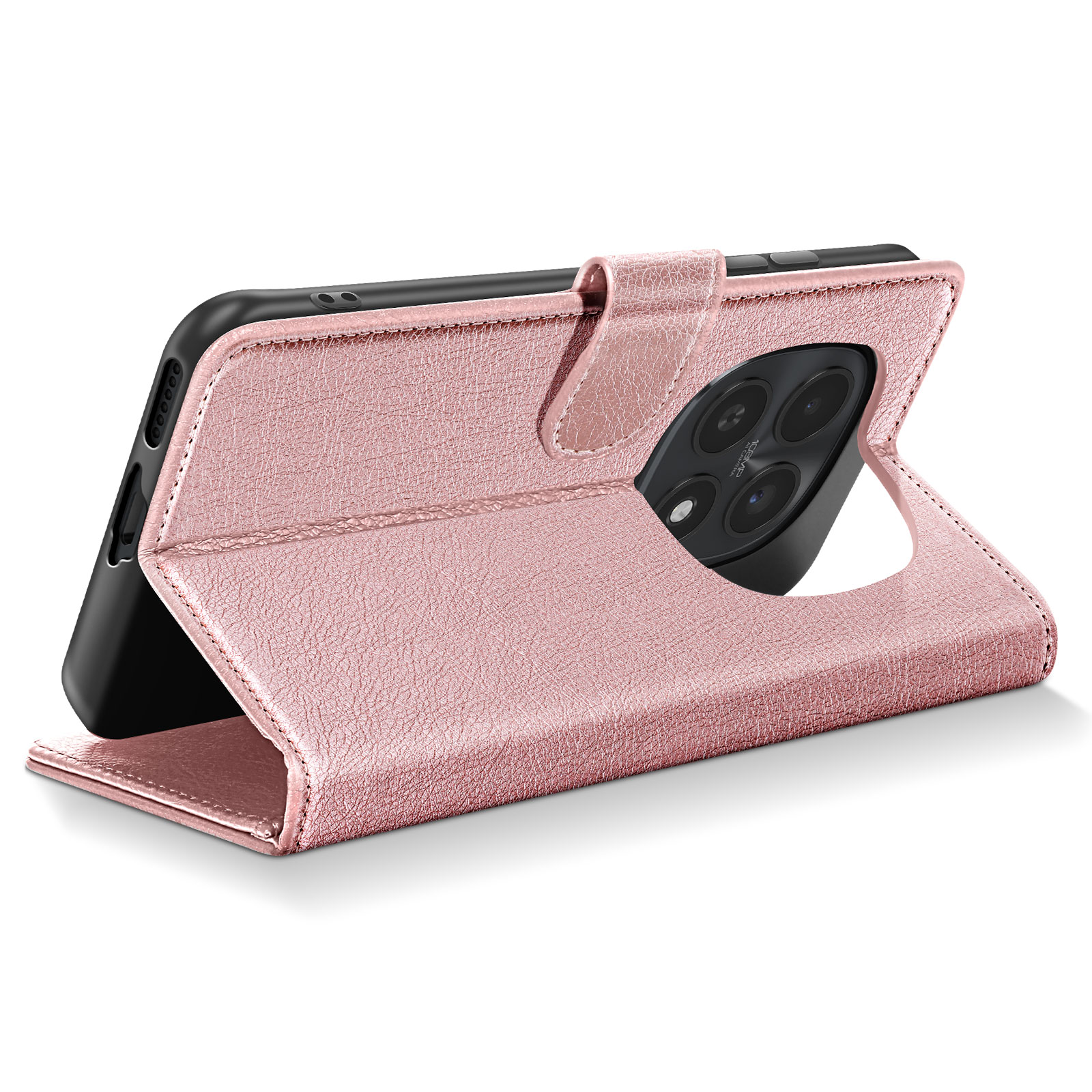 Una custodia rosa per telefono aperta, che mostra il telefono di lato.