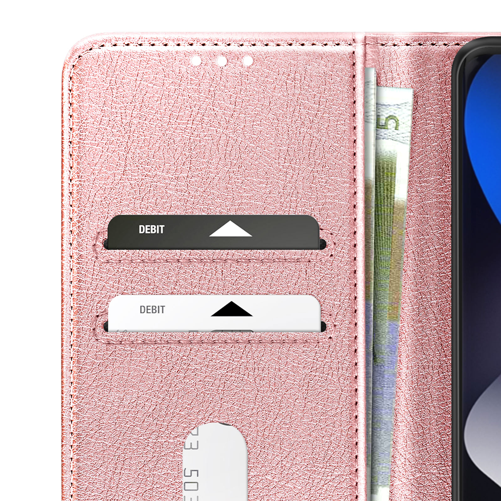 Una custodia a portafoglio oro rosa con slot per carte e banconote.