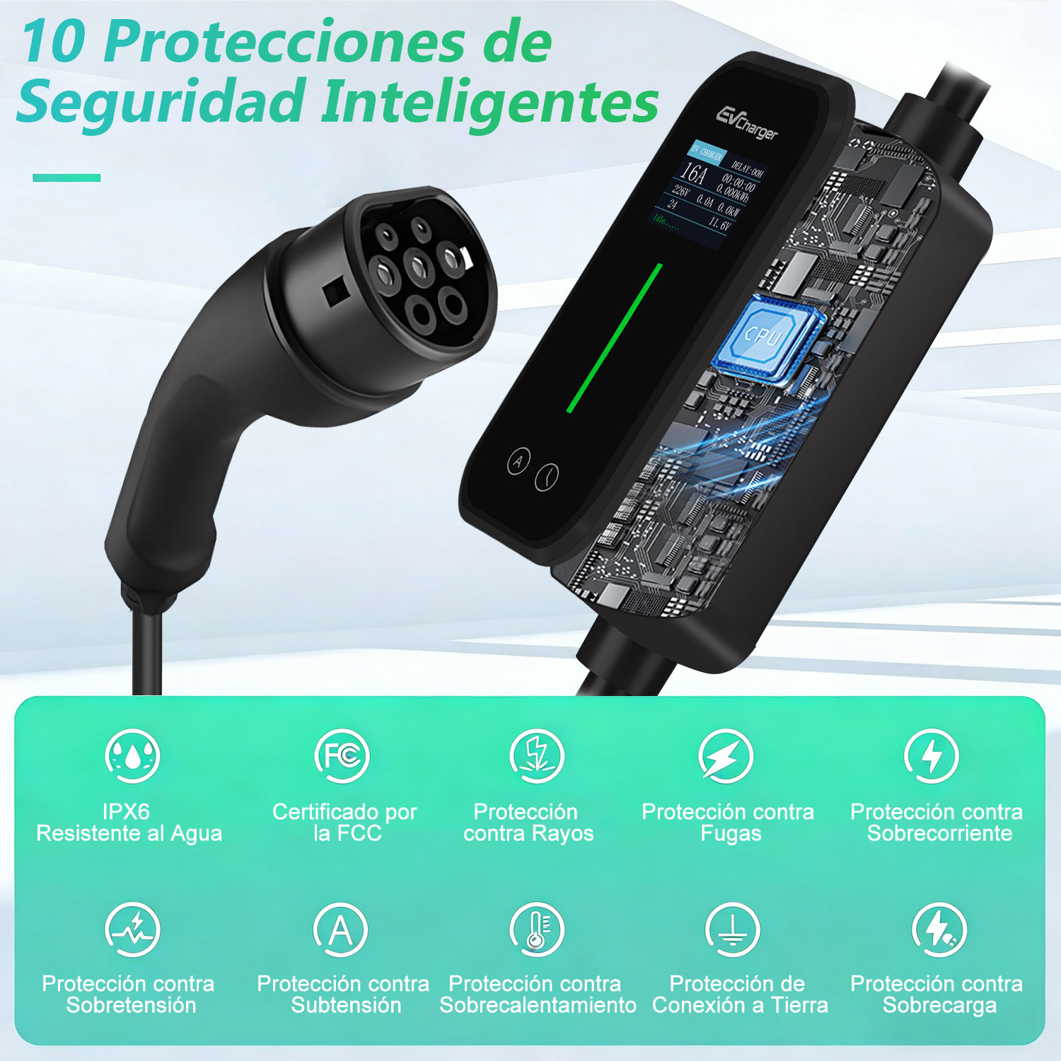 Cargador de VE con pantalla, CPU y cable. Funciones de seguridad listadas.