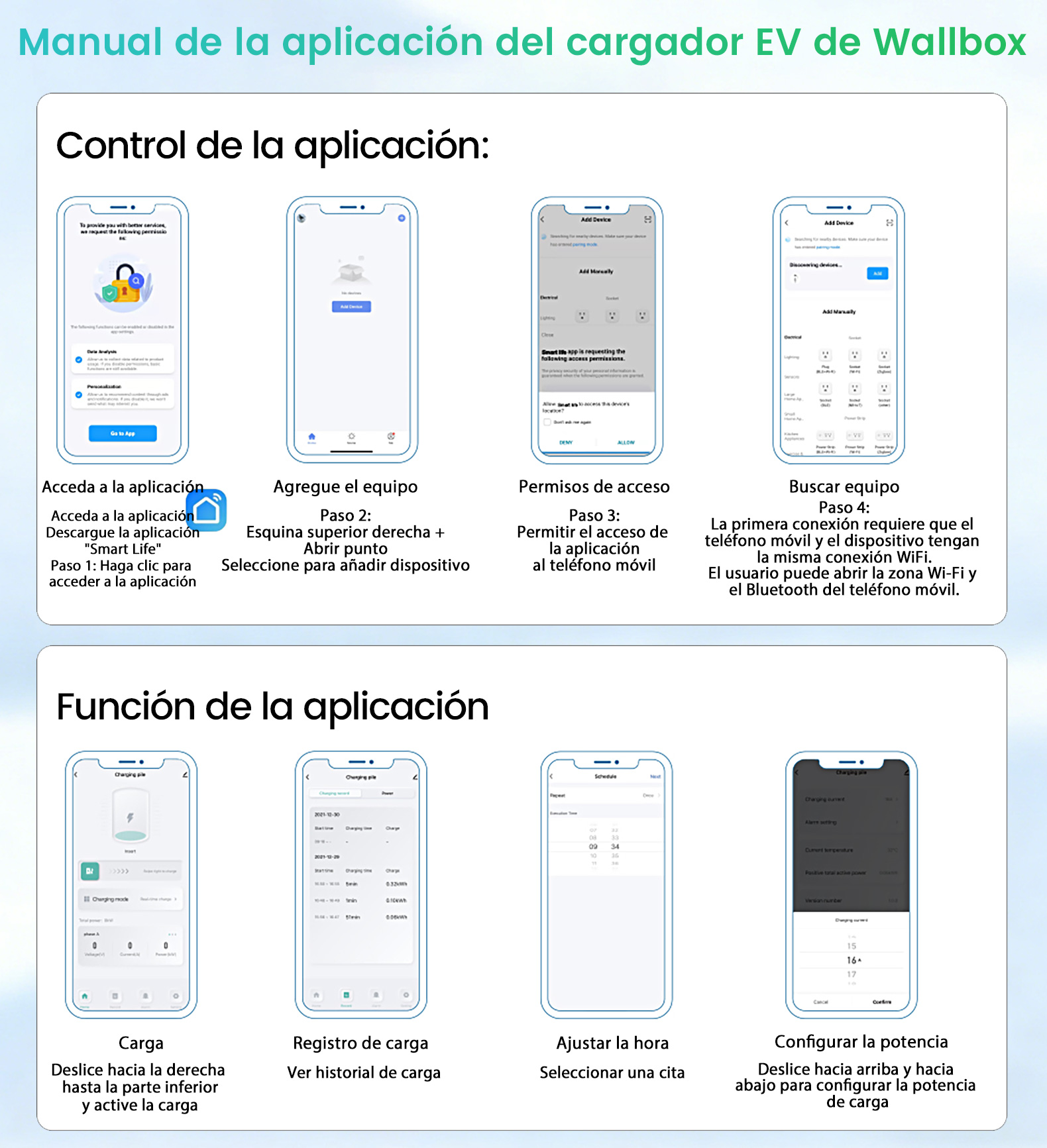 Manual app cargador EV Wallbox: control, agregar, permisos, buscar, cargar, registrar, programar y potencia.