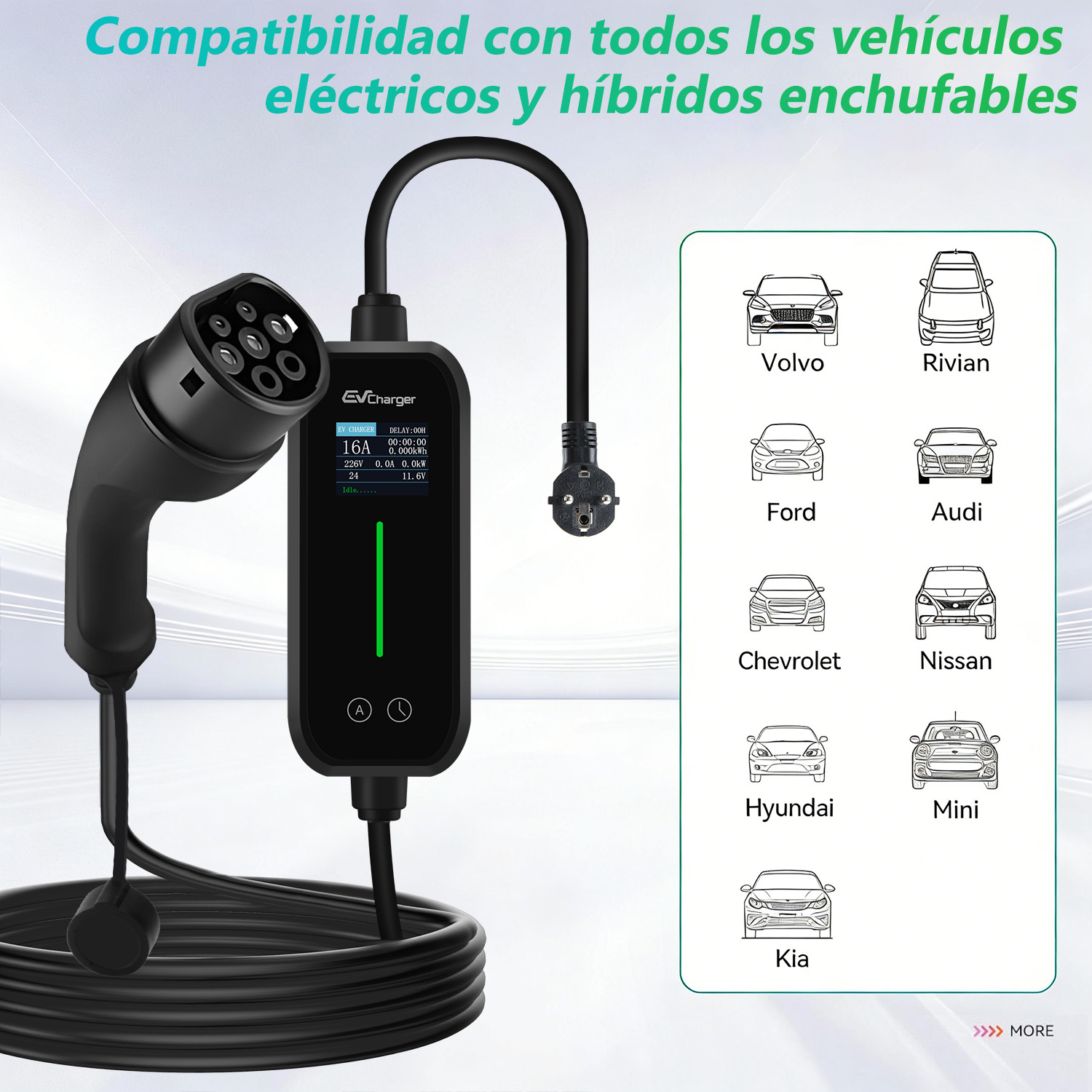 Cargador EV con cable y enchufe, muestra marcas de coches compatibles como Volvo, Rivian.