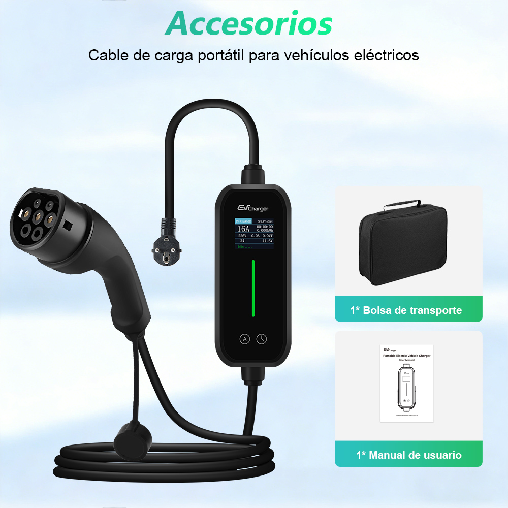 Cargador de VE con cable, enchufe, bolsa negra y manual.