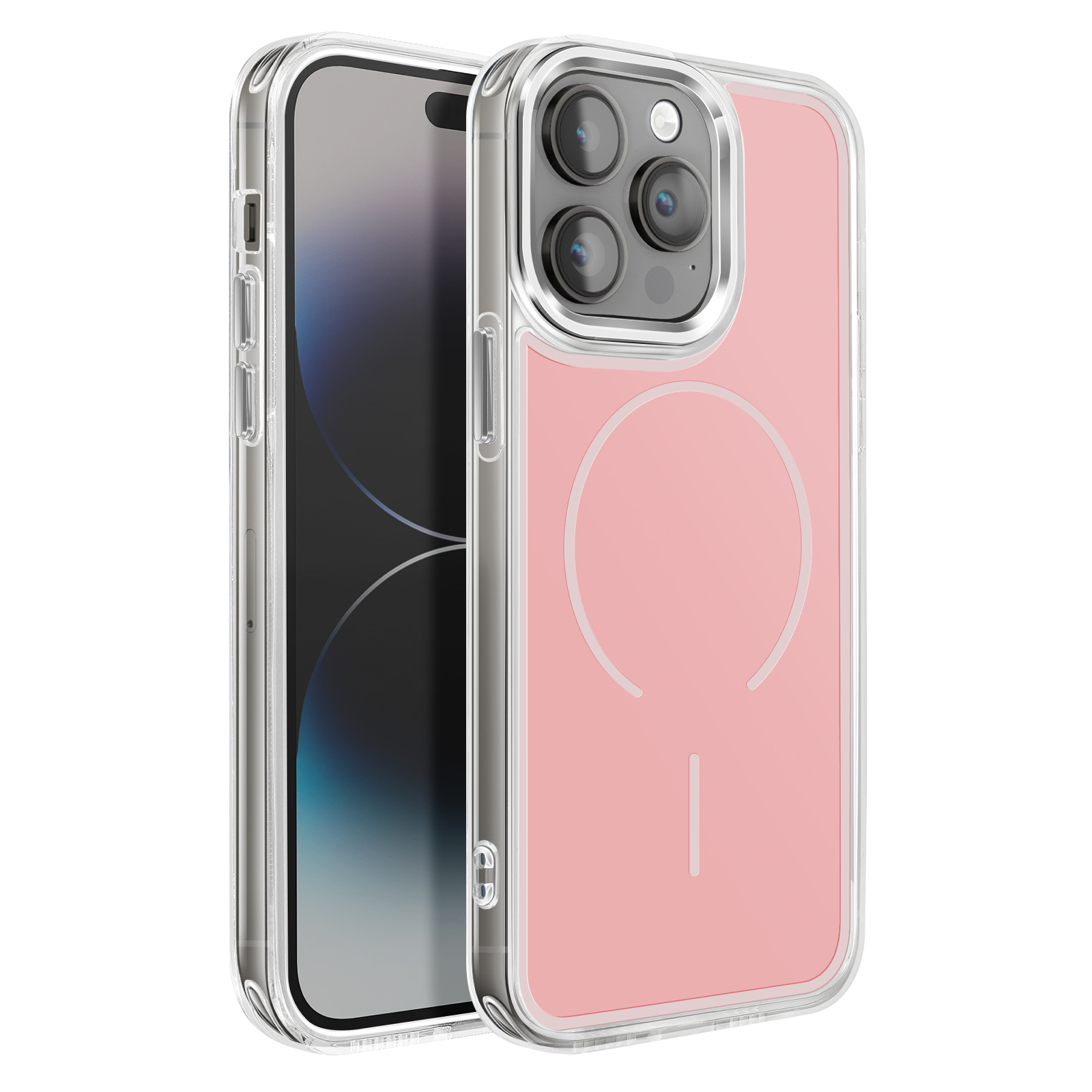 Un iPhone rose avec une coque transparente et un système photo.