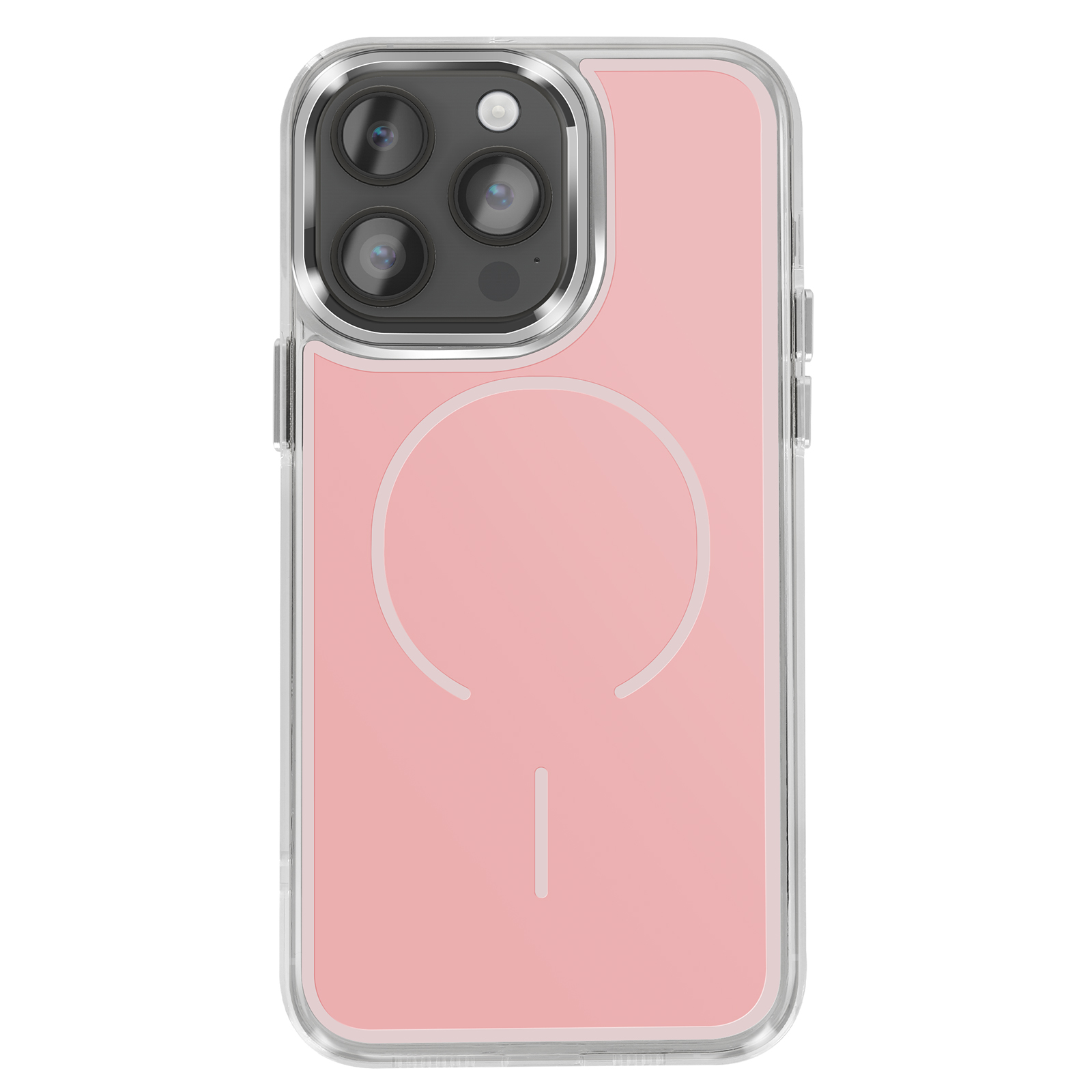 Coque iPhone transparente rose avec marquage d'anneau magnétique.
