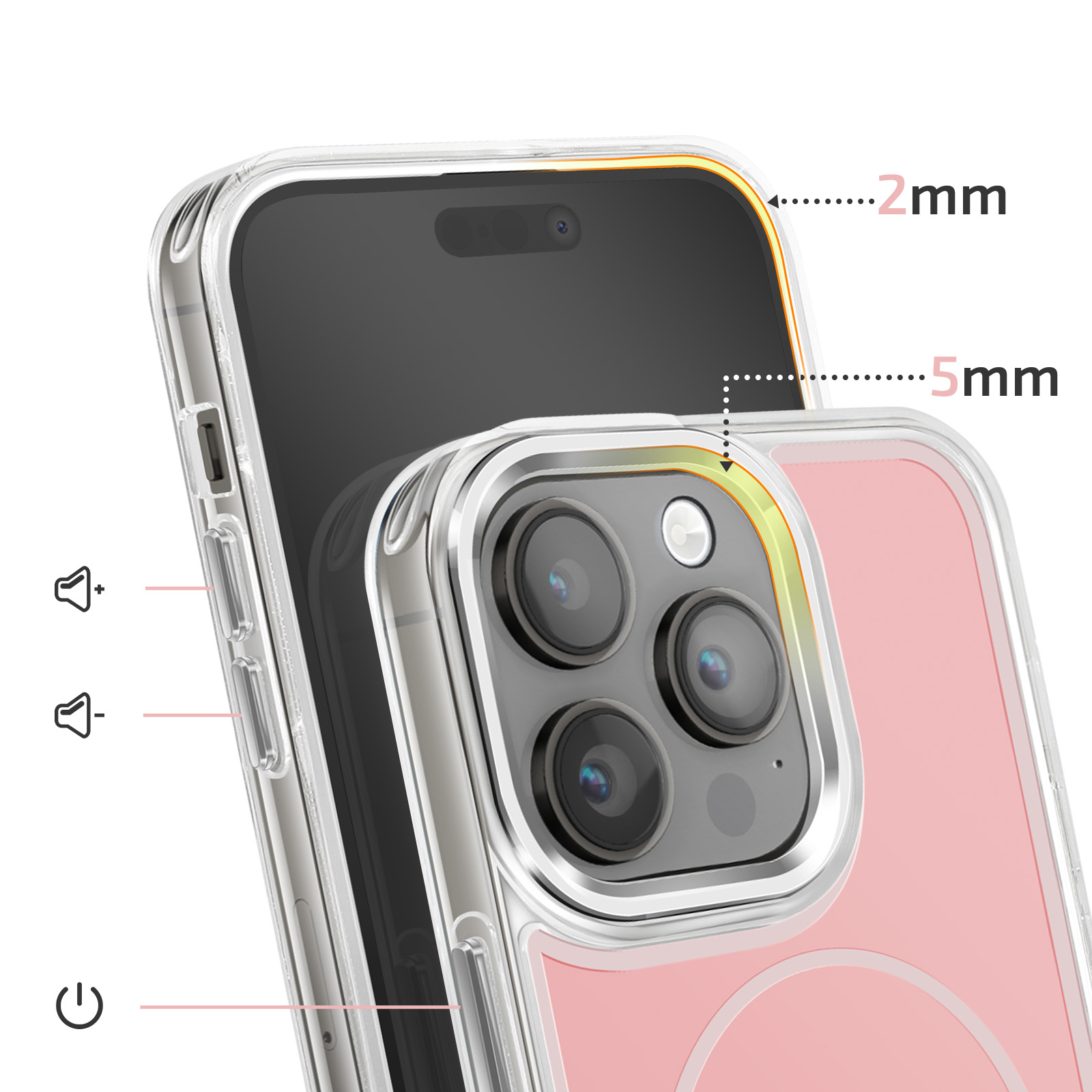 Une coque de téléphone transparente avec dos rose et protection d'appareil photo.