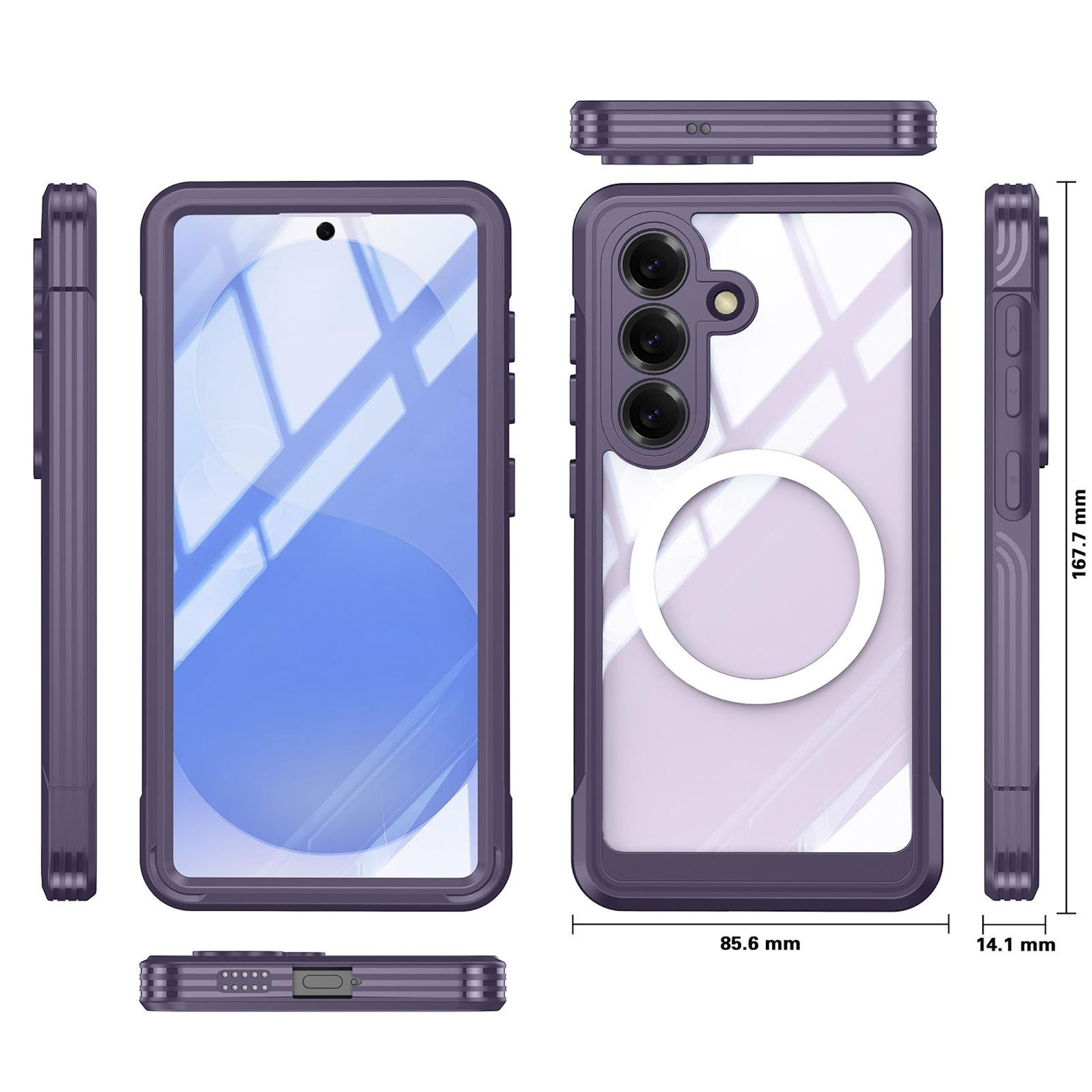 Funda morada para teléfono con parte trasera transparente y anillo magnético.