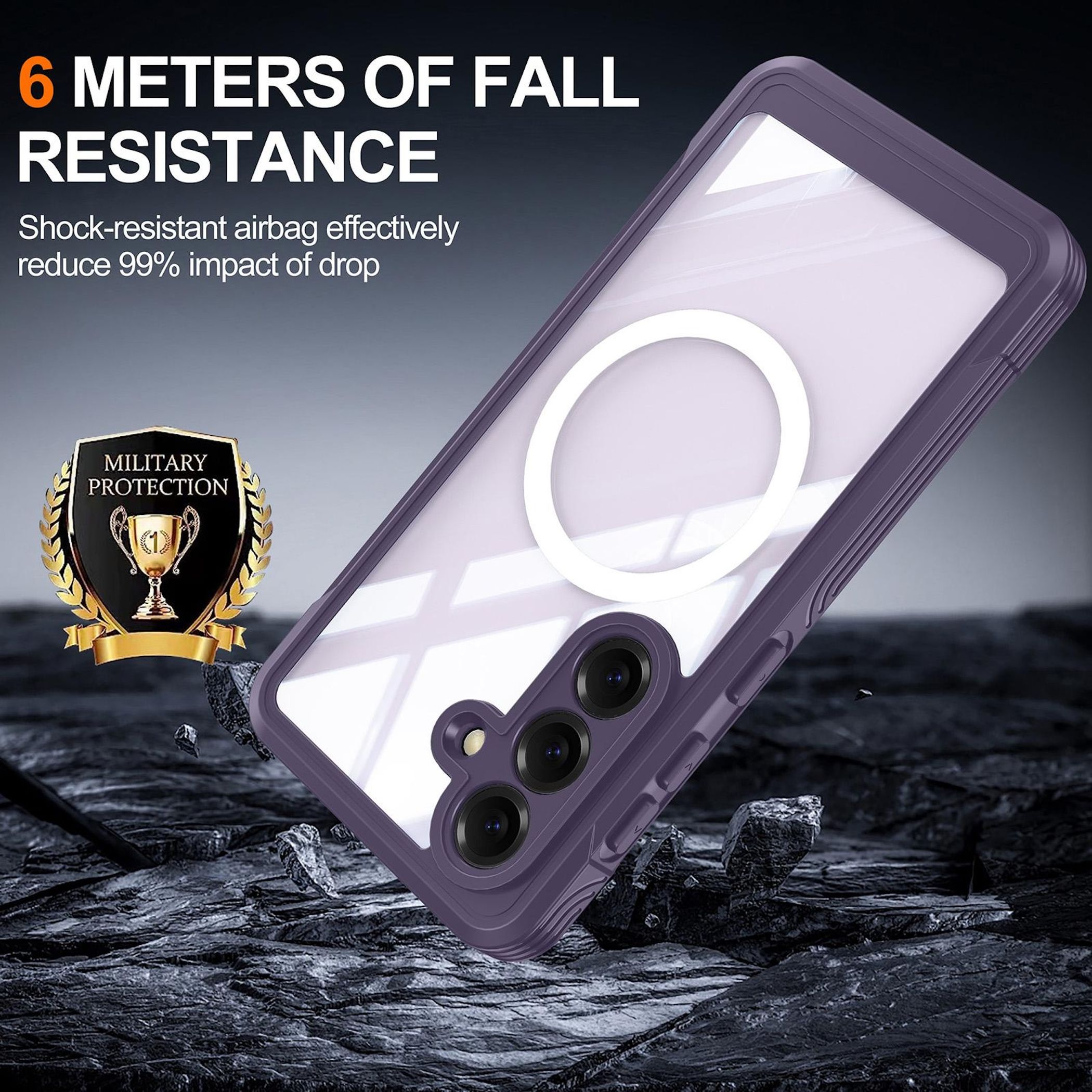 Funda morada con sello "Military Protection", cayendo sobre rocas.