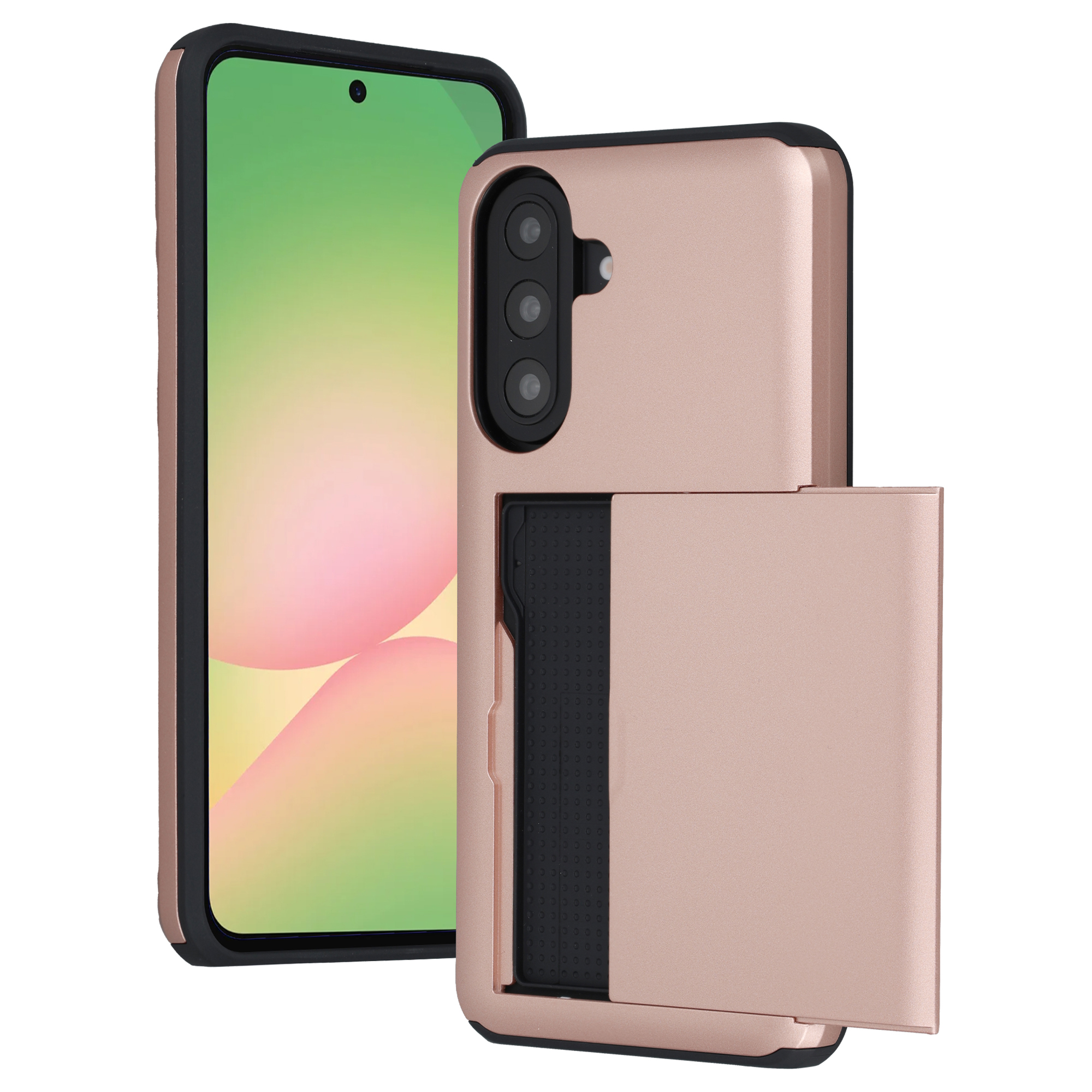 Een roségouden telefoon met zwart frame en kaartsleuf.
