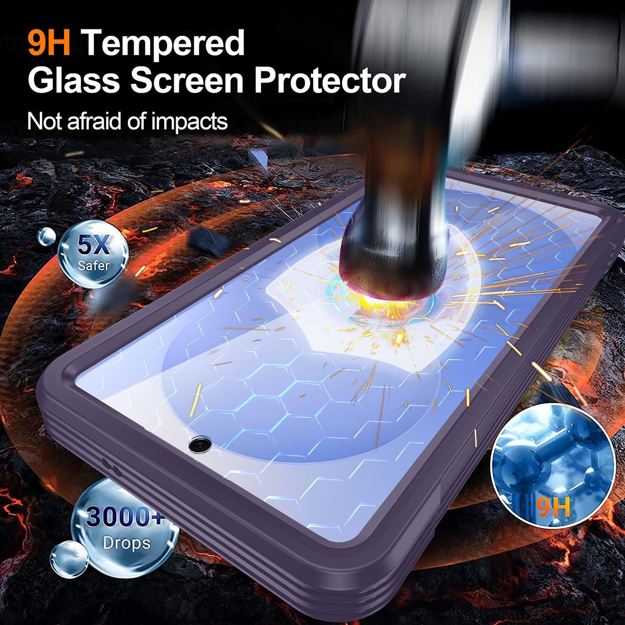 Un martillo golpea un protector de pantalla de vidrio templado en un teléfono.