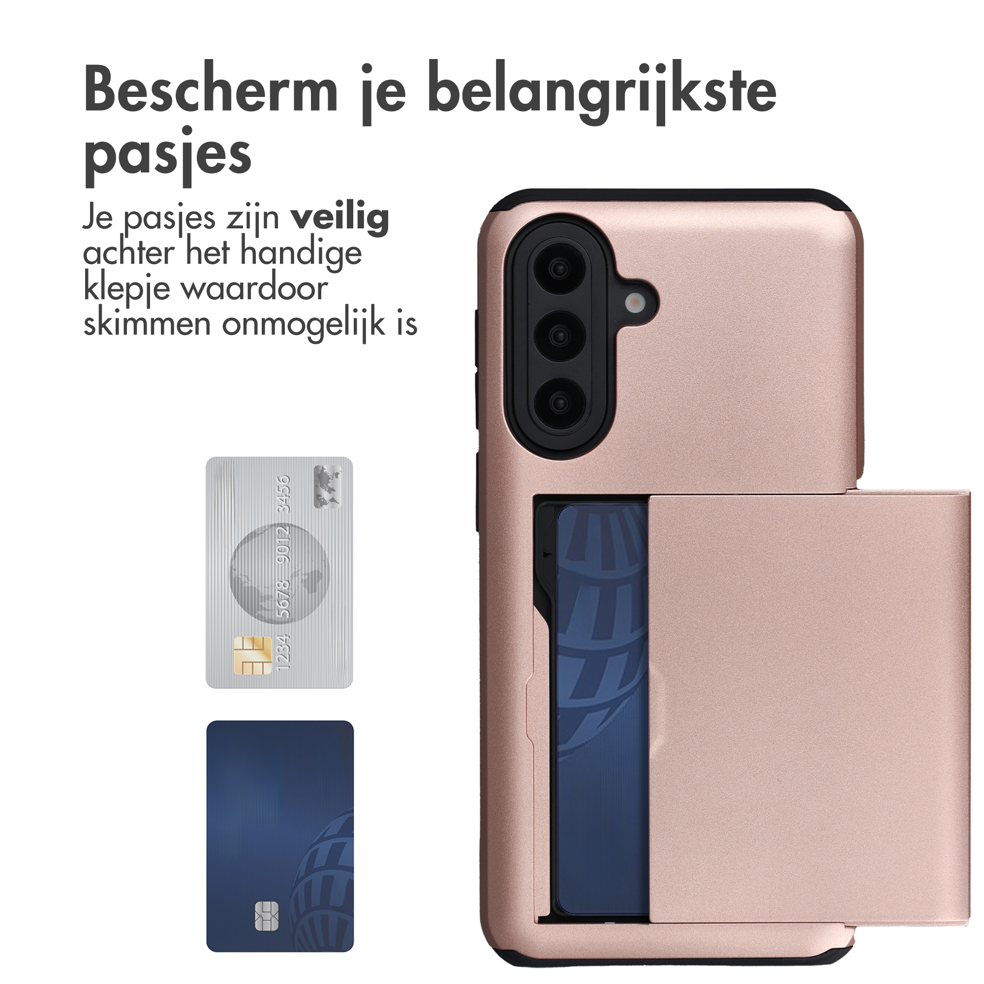 Een roségouden telefoonhoes met kaarthouder en twee voorbeeldkaarten.