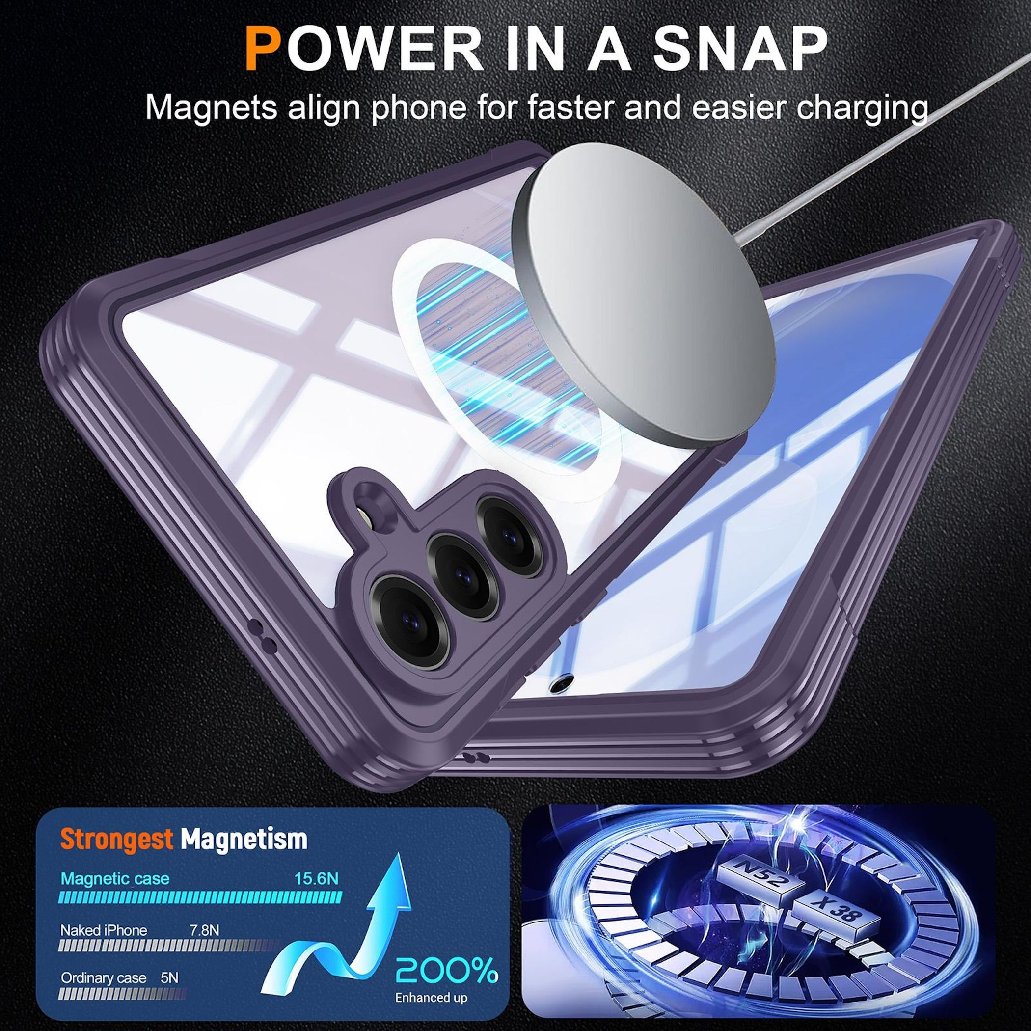 Una funda de teléfono morada con cargador magnético, mostrando la fuerza del magnetismo.