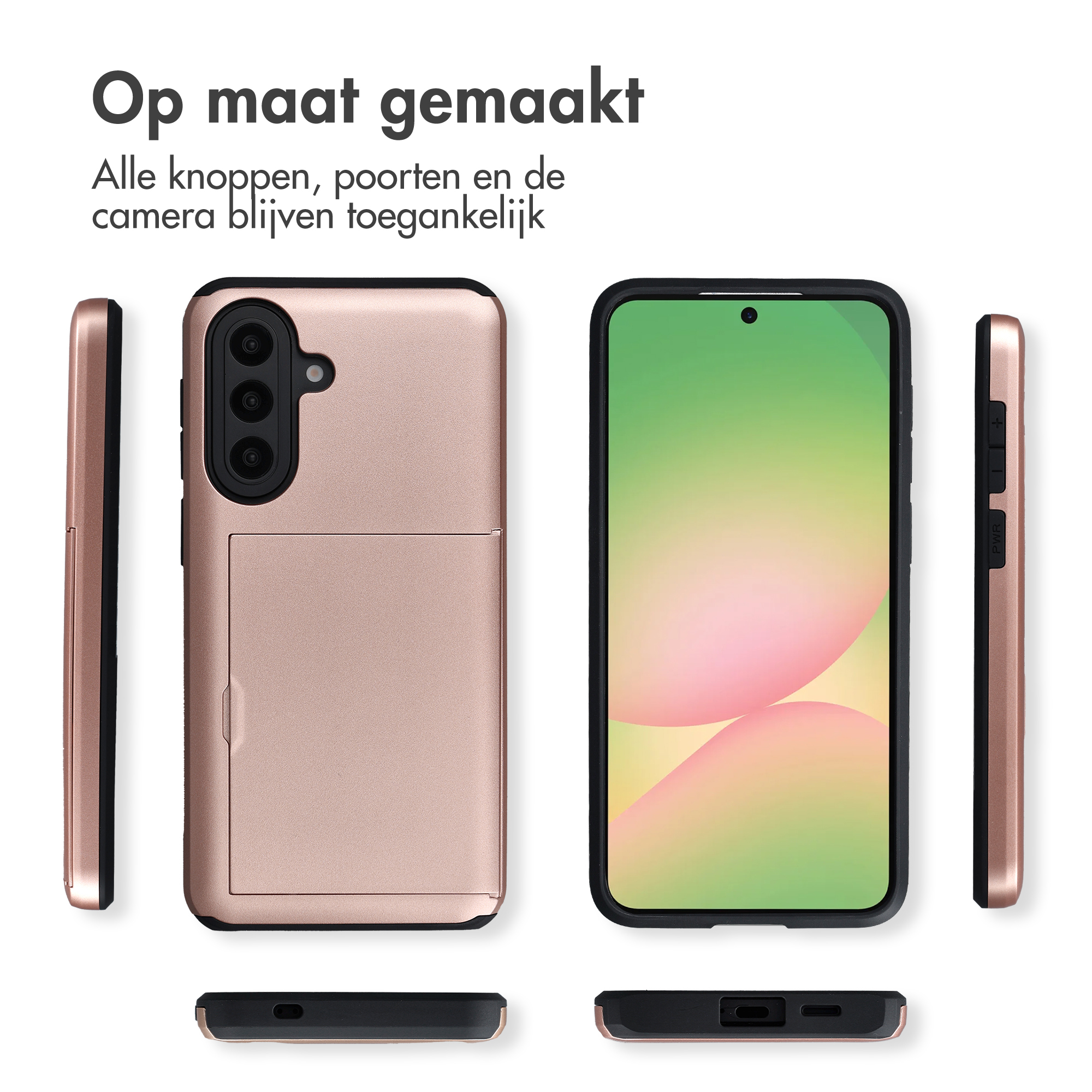 Roségouden telefoonhoes met camera-uitsparing en kaartsleuf. Voor-, achter-, zij- en onderaanzichten getoond.