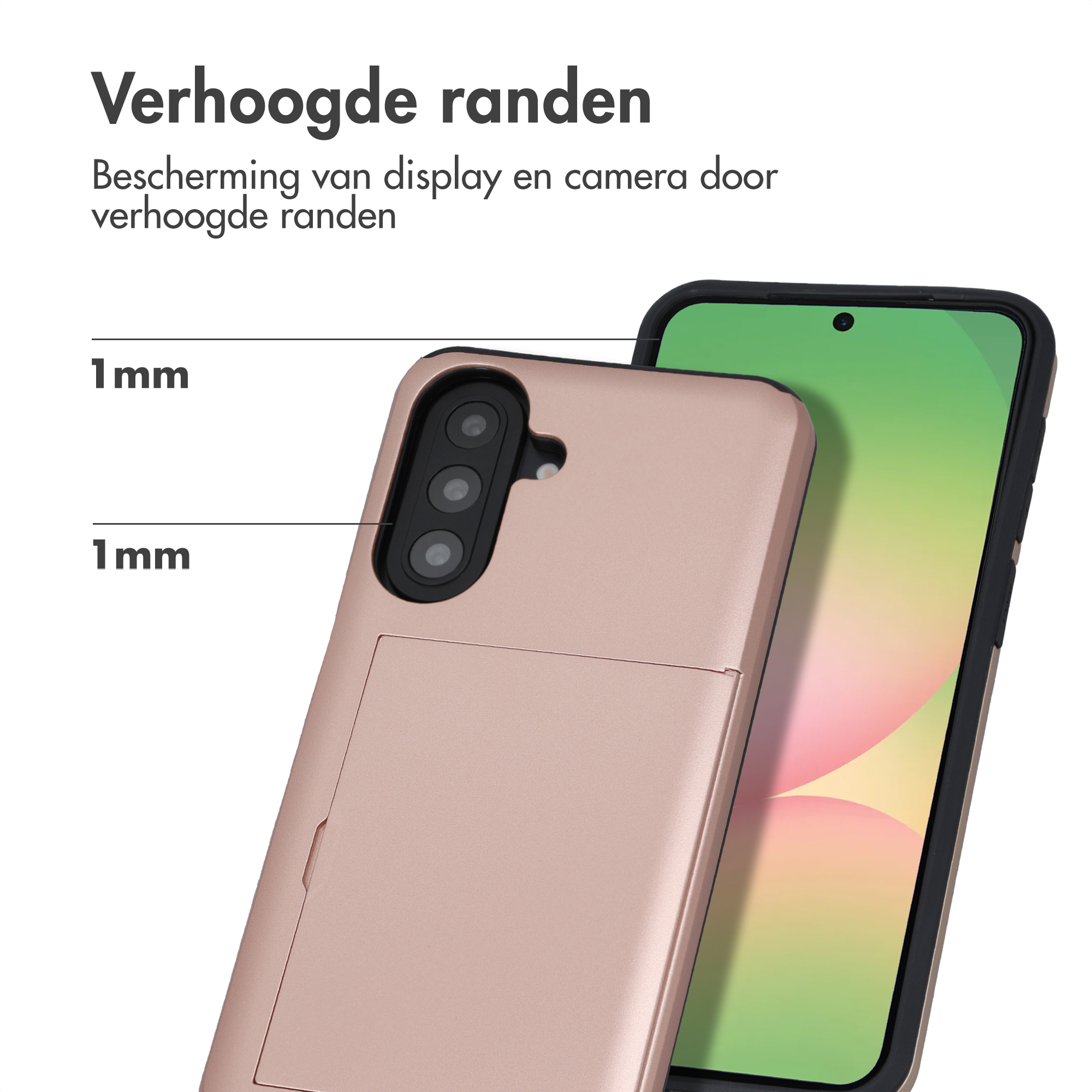 Een roségouden telefoonhoes met verhoogde randen en camerastructuur.
