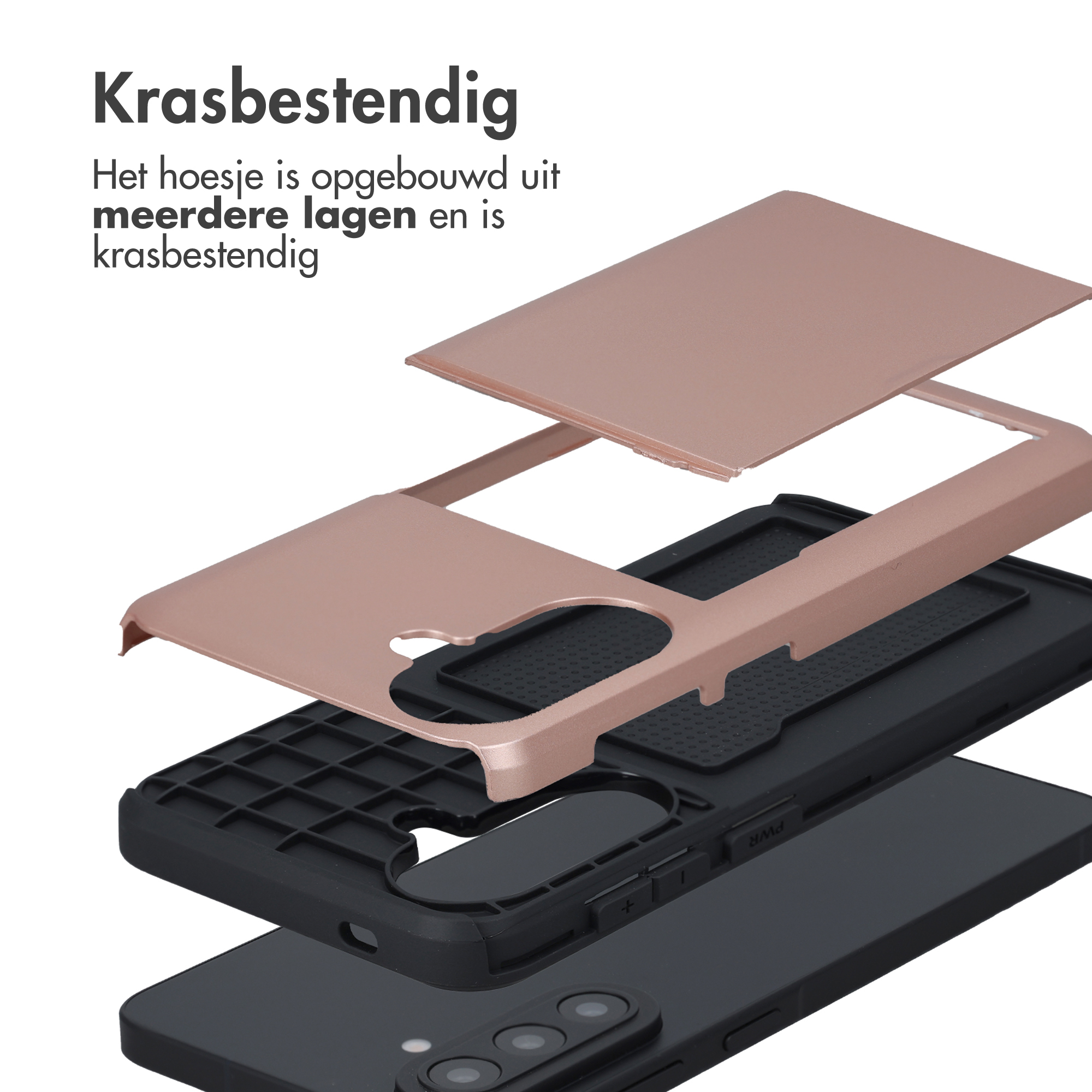 Explosie-aanzicht van een roségouden telefoonhoes met meerdere lagen.