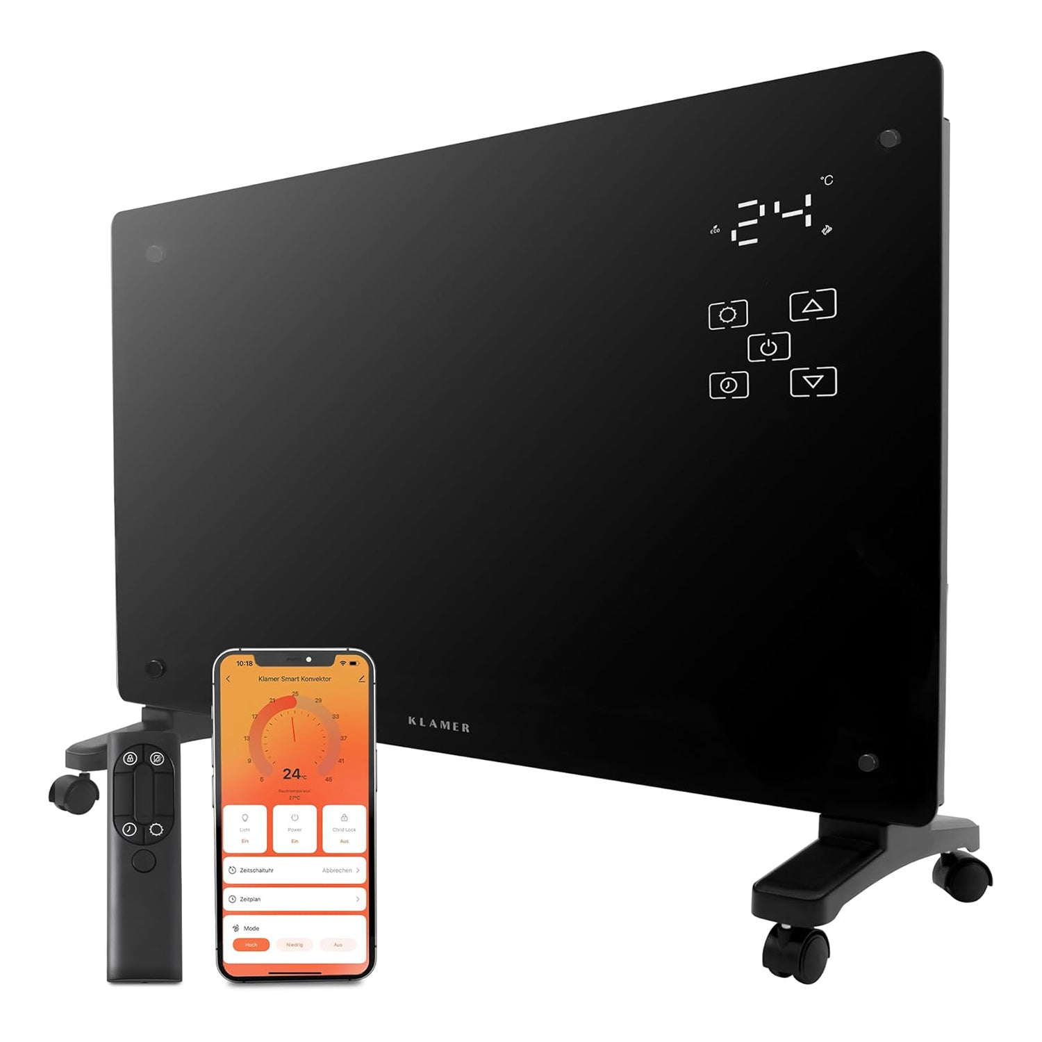 Ein schwarzer Heizkörper mit Touchscreen, Fernbedienung und App-Steuerung.