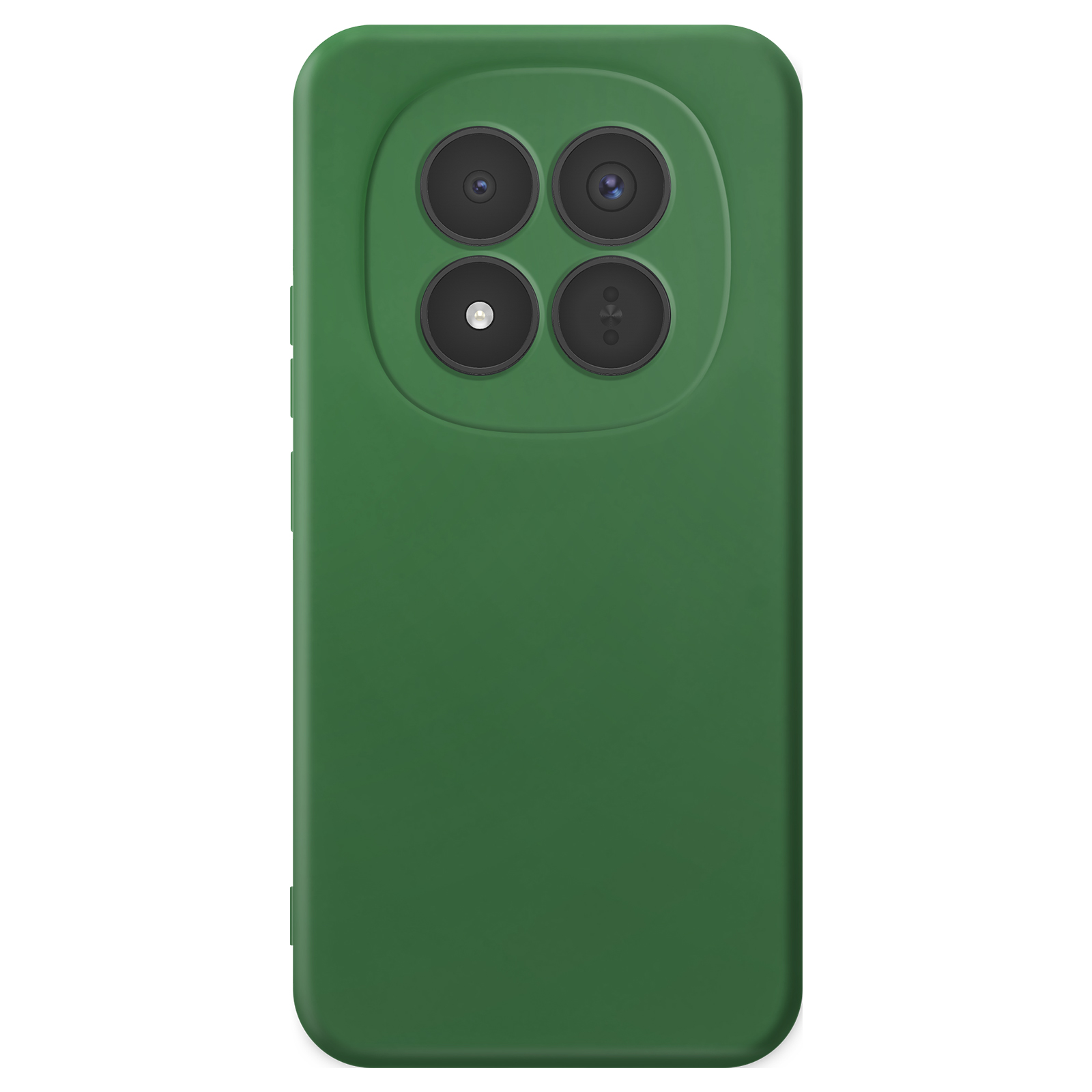 Custodia verde per smartphone con quattro obiettivi neri sul retro.